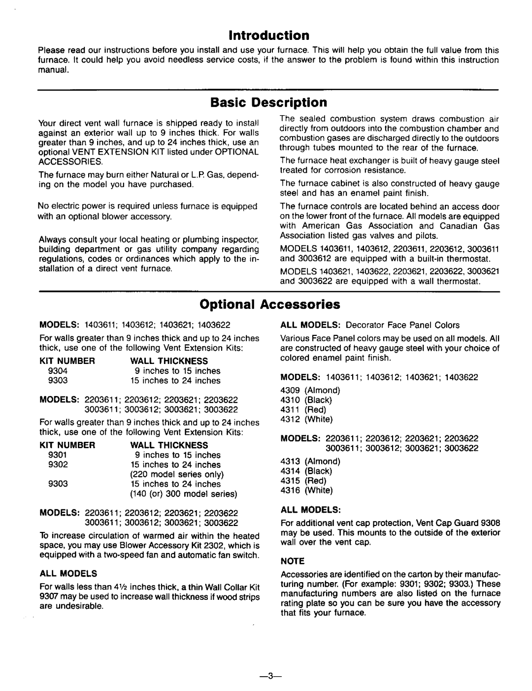 Williams 3003611, 3003612 Introduction Basic Description, Optional Accessories, KIT Number Wall Thickness, ALL Models 