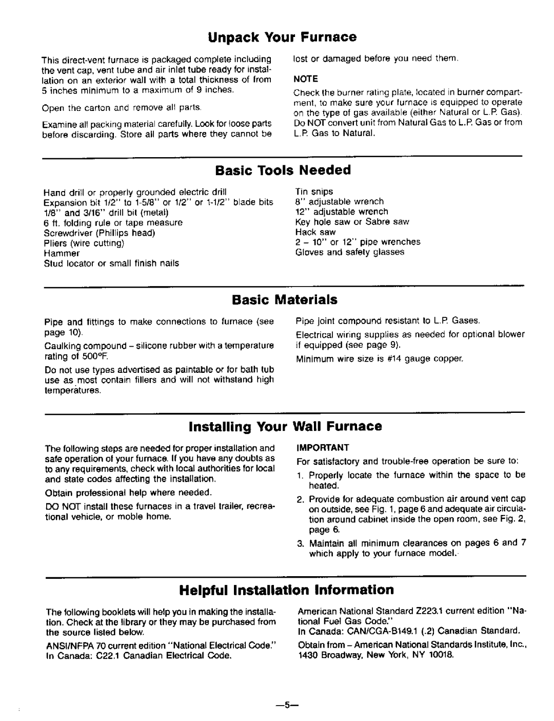 Williams 1403612 Unpack Your Furnace, Basic Materials, Installing Your Wall Furnace, Helpful Installation Information 