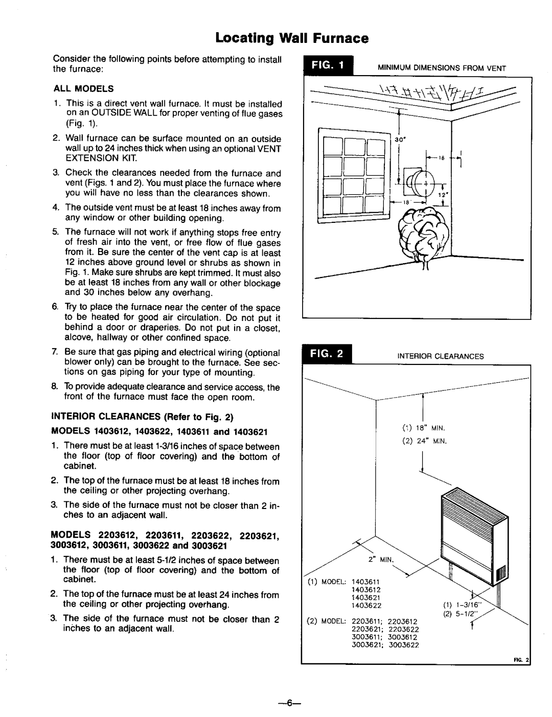 Williams 3003612, 2203611 Locating Wall Furnace, Interior Clearances Refer to Fig, Models 1403612, 1403622, 1403611 