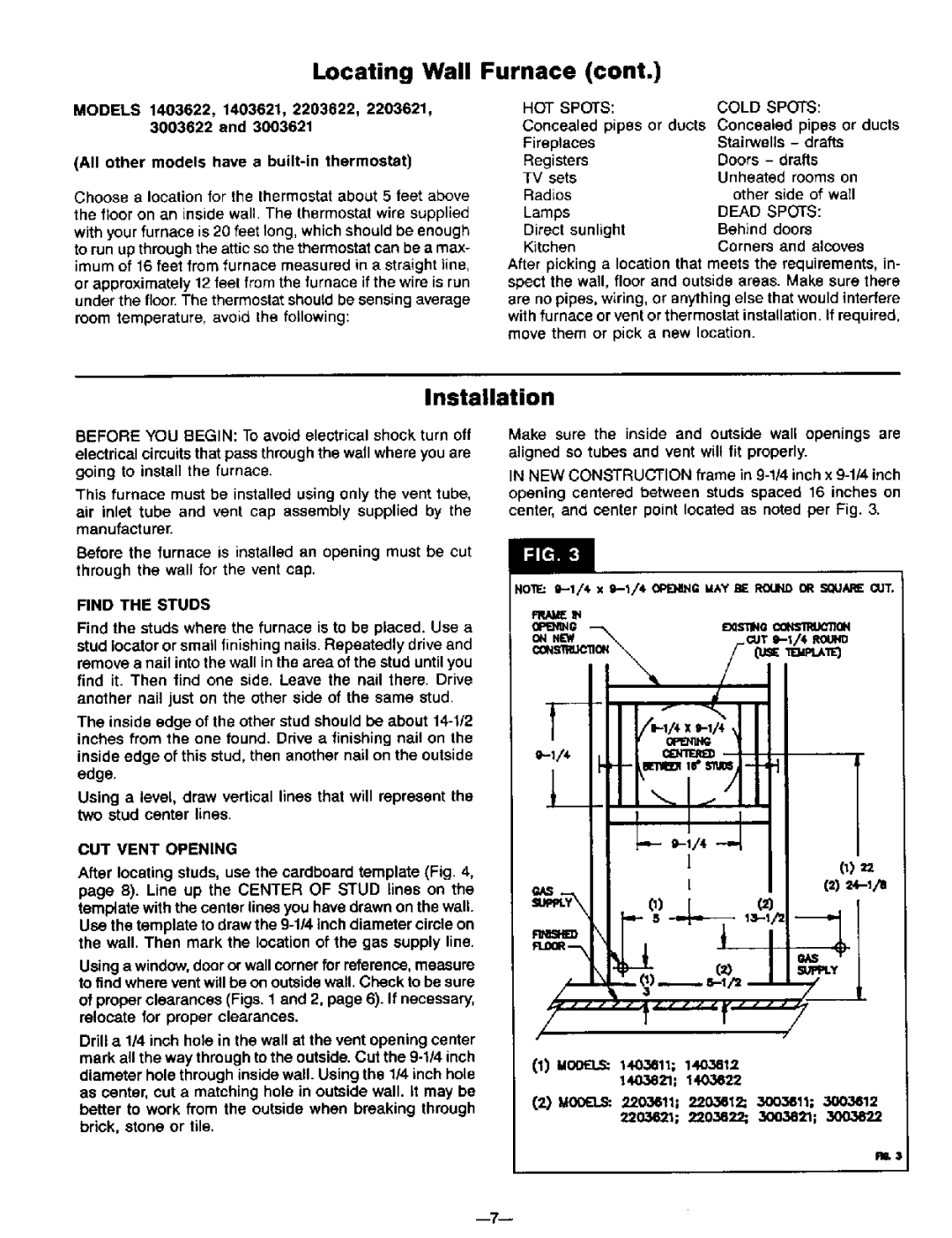 Williams 2203611, 3003612, 2203612, 3003611, 1403611, 1403612 owner manual Installation, Find the Studs, CUT Vent Opening 