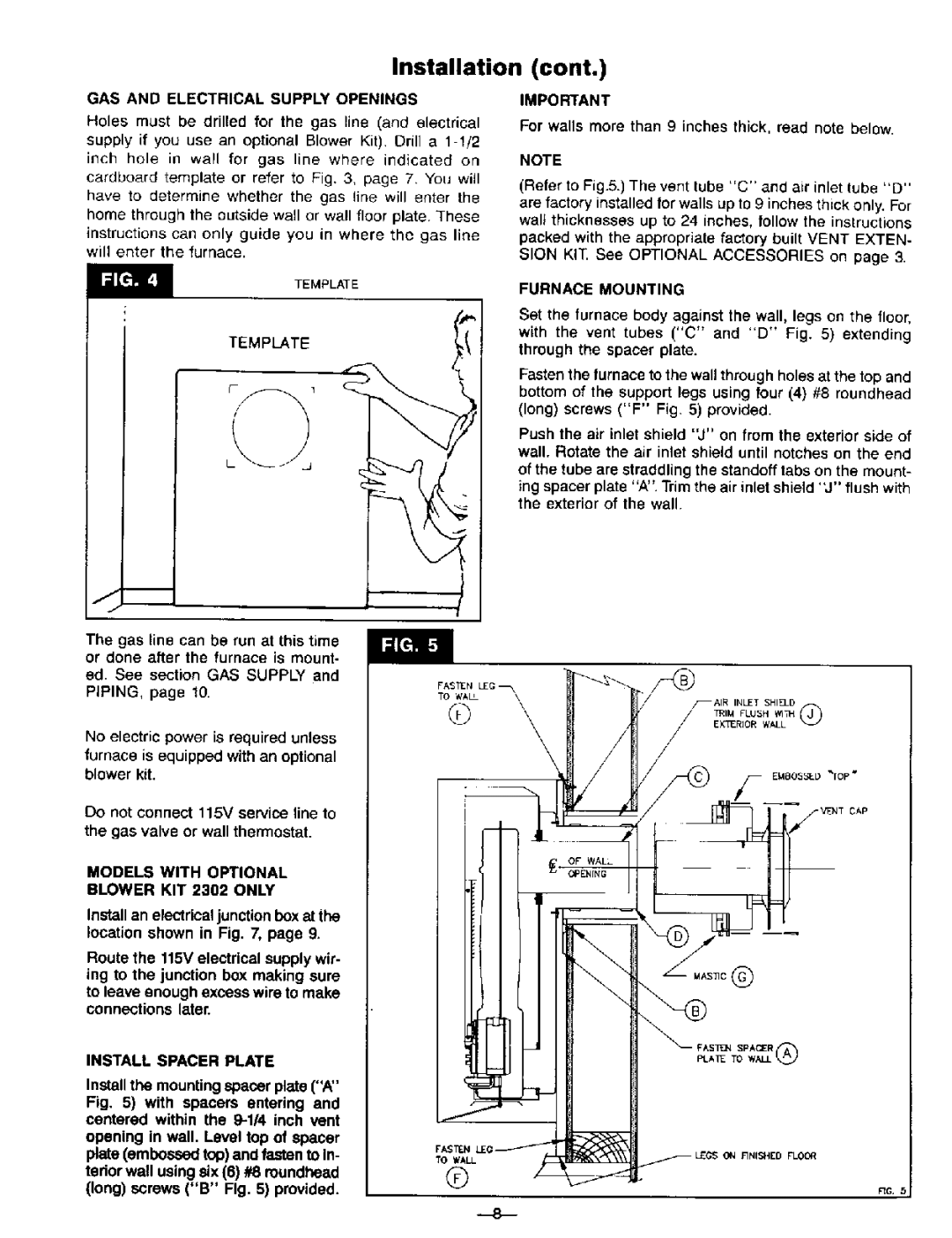 Williams 2203612, 3003612 GAS and Electrical Supply Openings, Furnace Mounting, Models with Optional Blower KIT 2302 only 