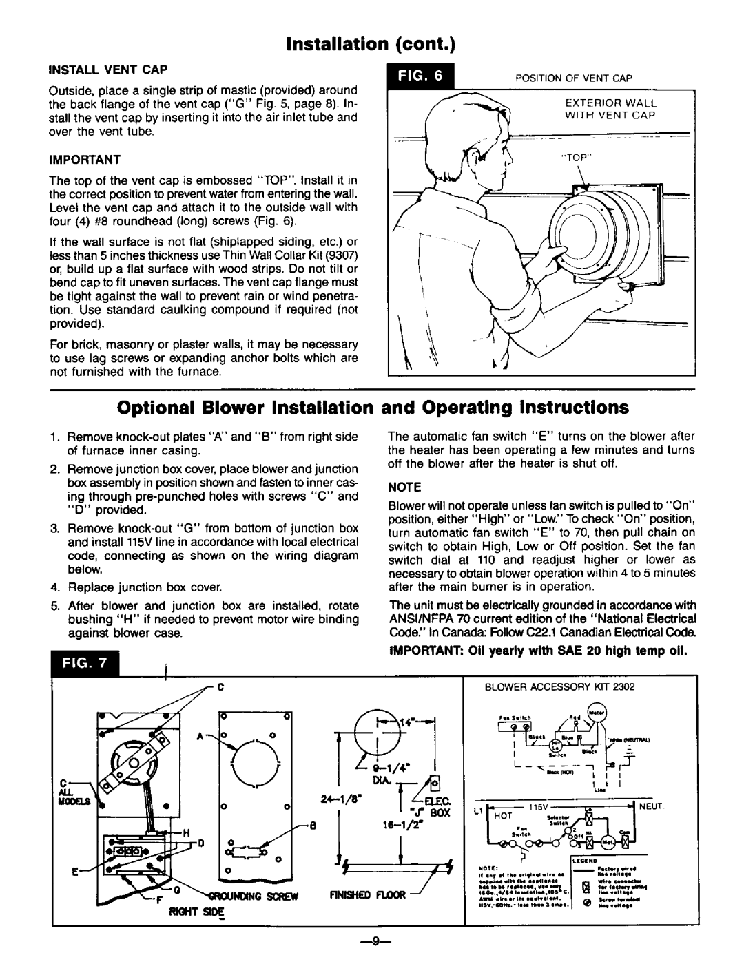 Williams 3003611, 3003612, 2203611, 2203612 Optional Blower Installation, Operating Instructions, Install Vent CAP, Right 