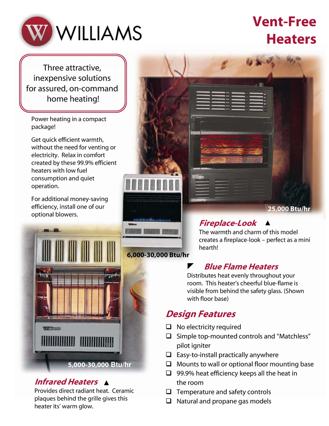 Williams 3056542, 2506541, 2056512.9, 3056512, 2556512.6, 185 manual Fireplace-Look, Blue Flame Heaters, Infrared Heaters 