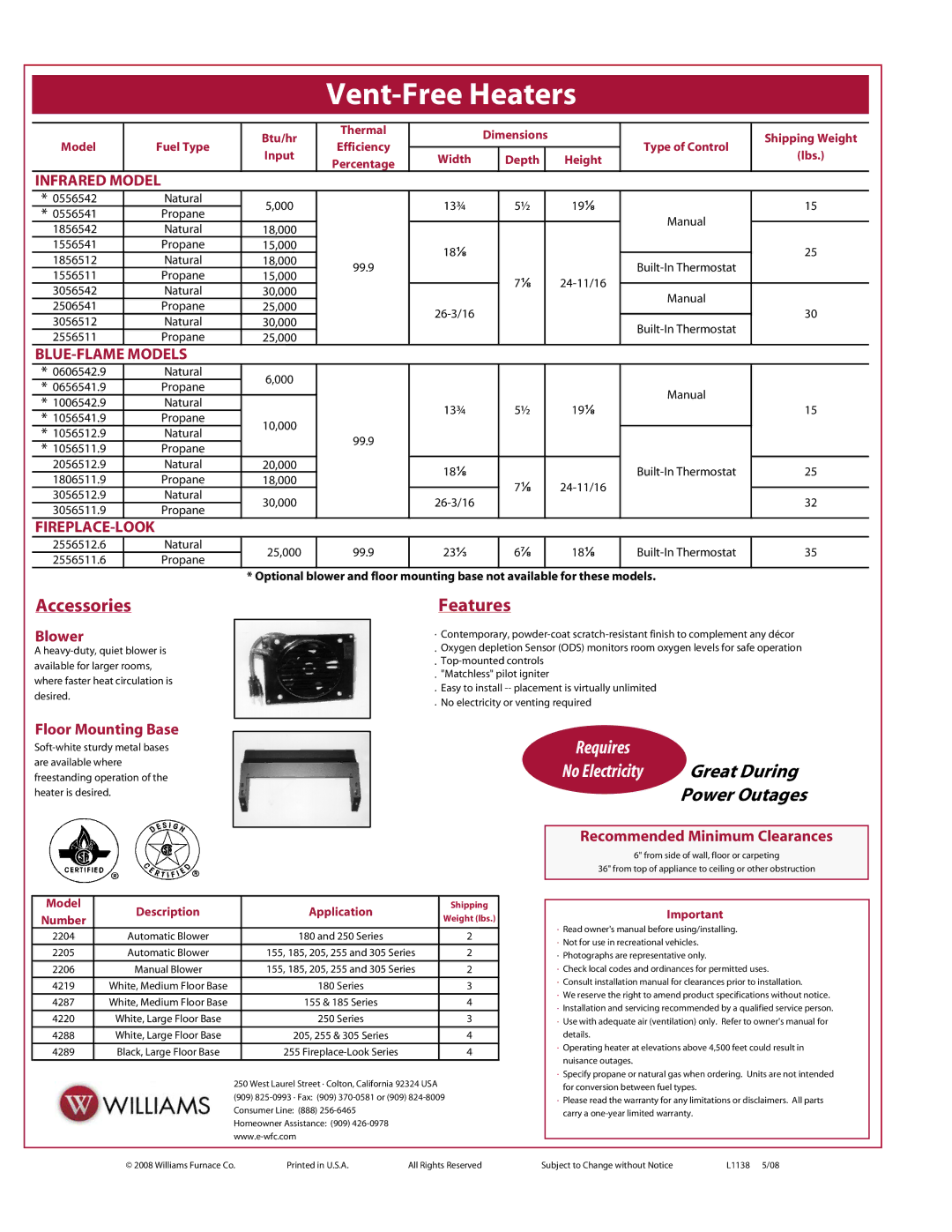 Williams 2506541, 3056542, 2056512.9, 3056512 Accessories, Features, Infrared Model, BLUE-FLAME Models, Fireplace-Look 