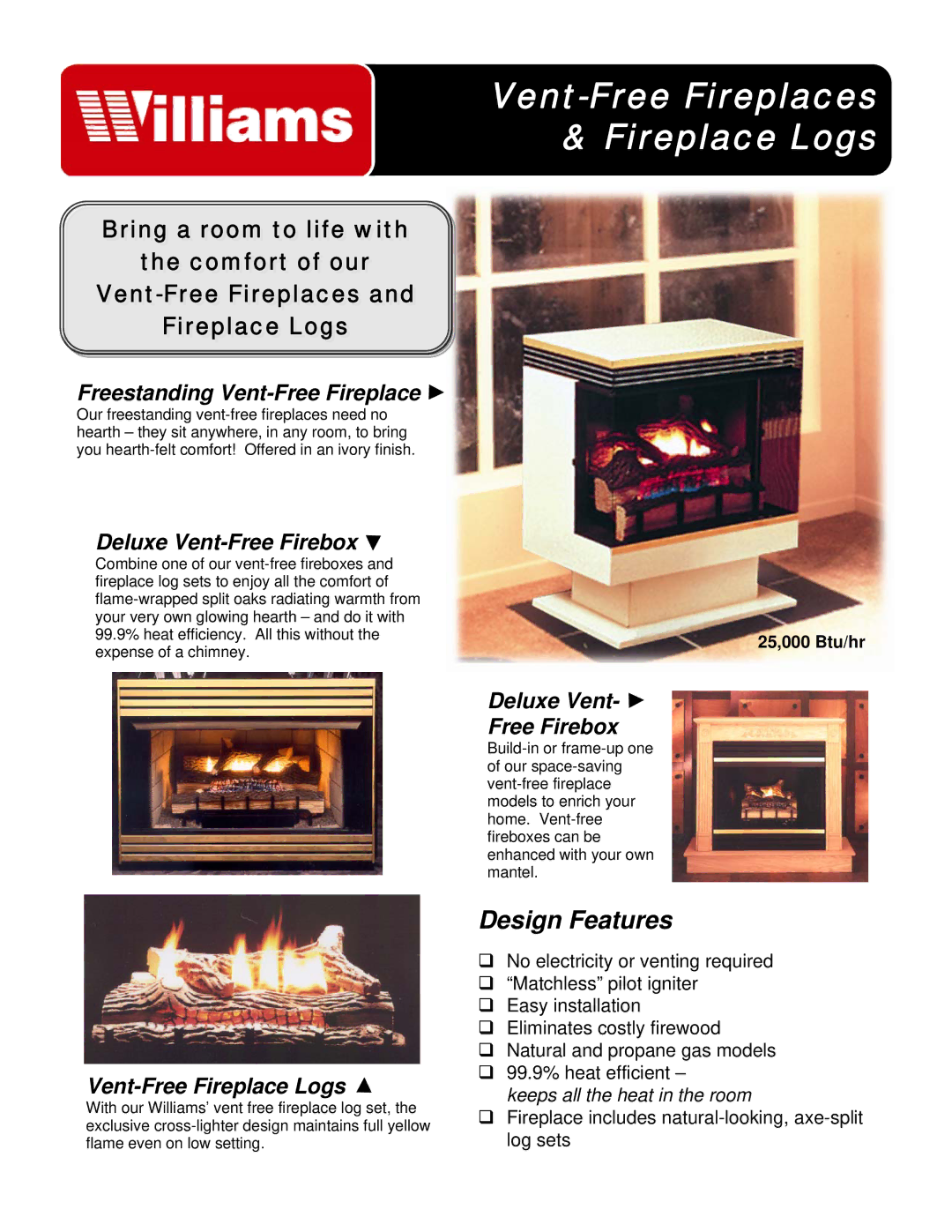 Williams 4229, 4230, 4226, 4227 manual Freestanding Vent-Free Fireplace, Deluxe Vent-Free Firebox, Vent-Free Fireplace Logs 