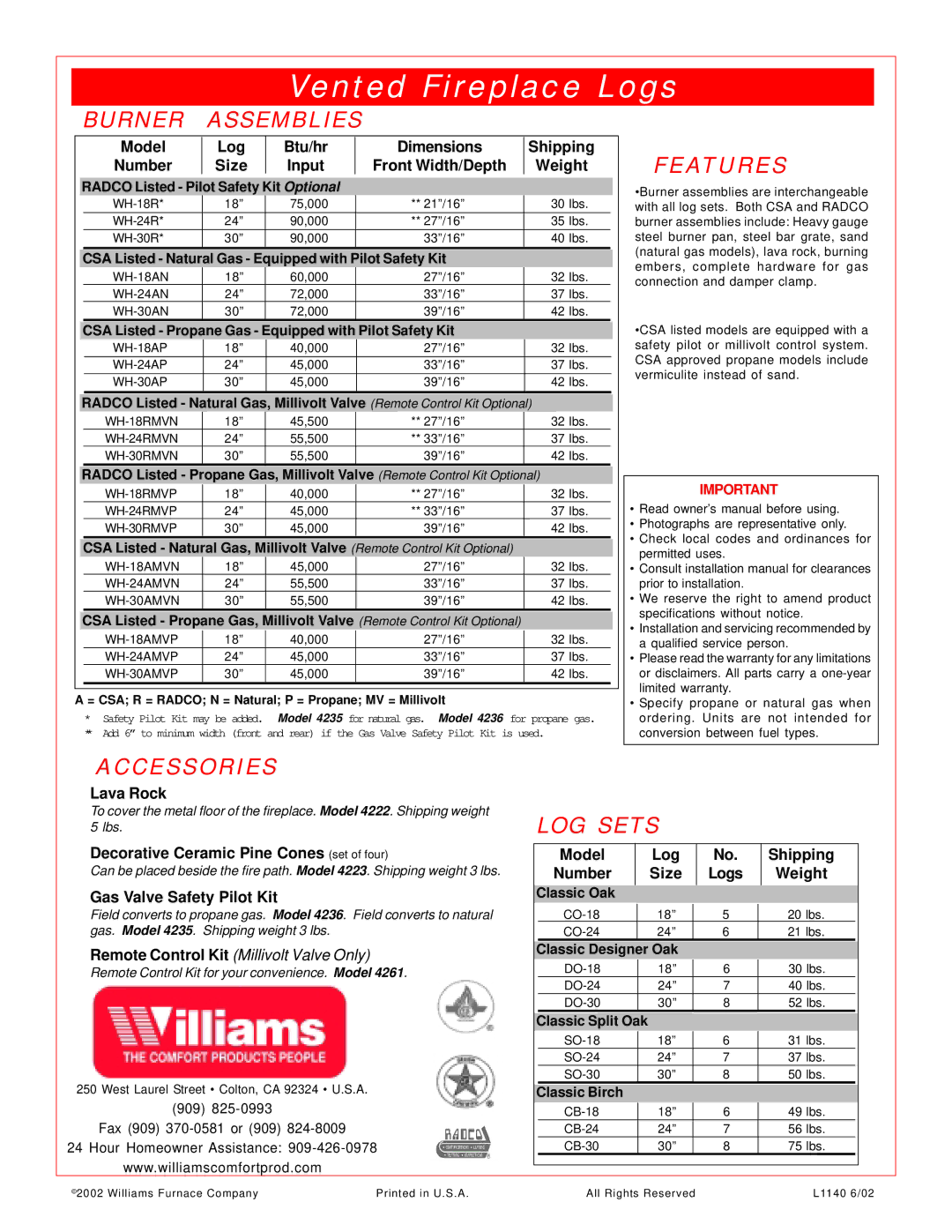 Williams 4235, 4236, 4261, 4222, 4223 manual Burner Assemblies, Features, Accessories, LOG Sets 