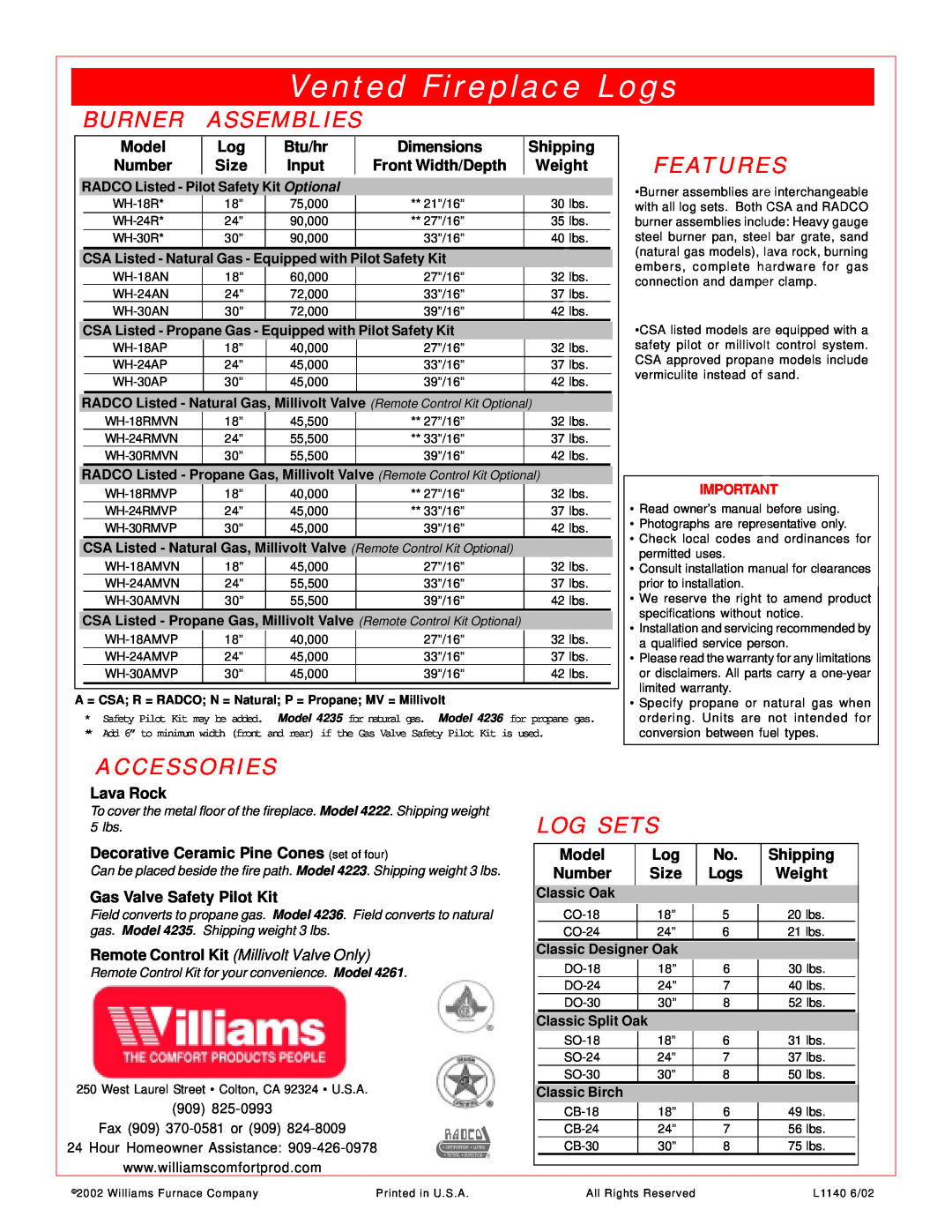 Williams 4235, 4236, 4261, 4222, 4223 manual Vented Fireplace Logs, Burner, Assemblies, Features, Accessories, Log Sets 