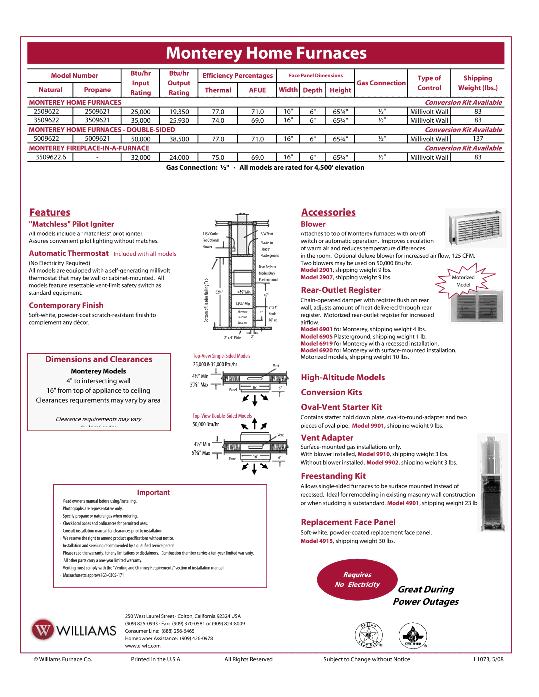 Williams 3509621 Dimensions and Clearances, Rear-Outlet Register, Vent Adapter, Freestanding Kit, Replacement Face Panel 