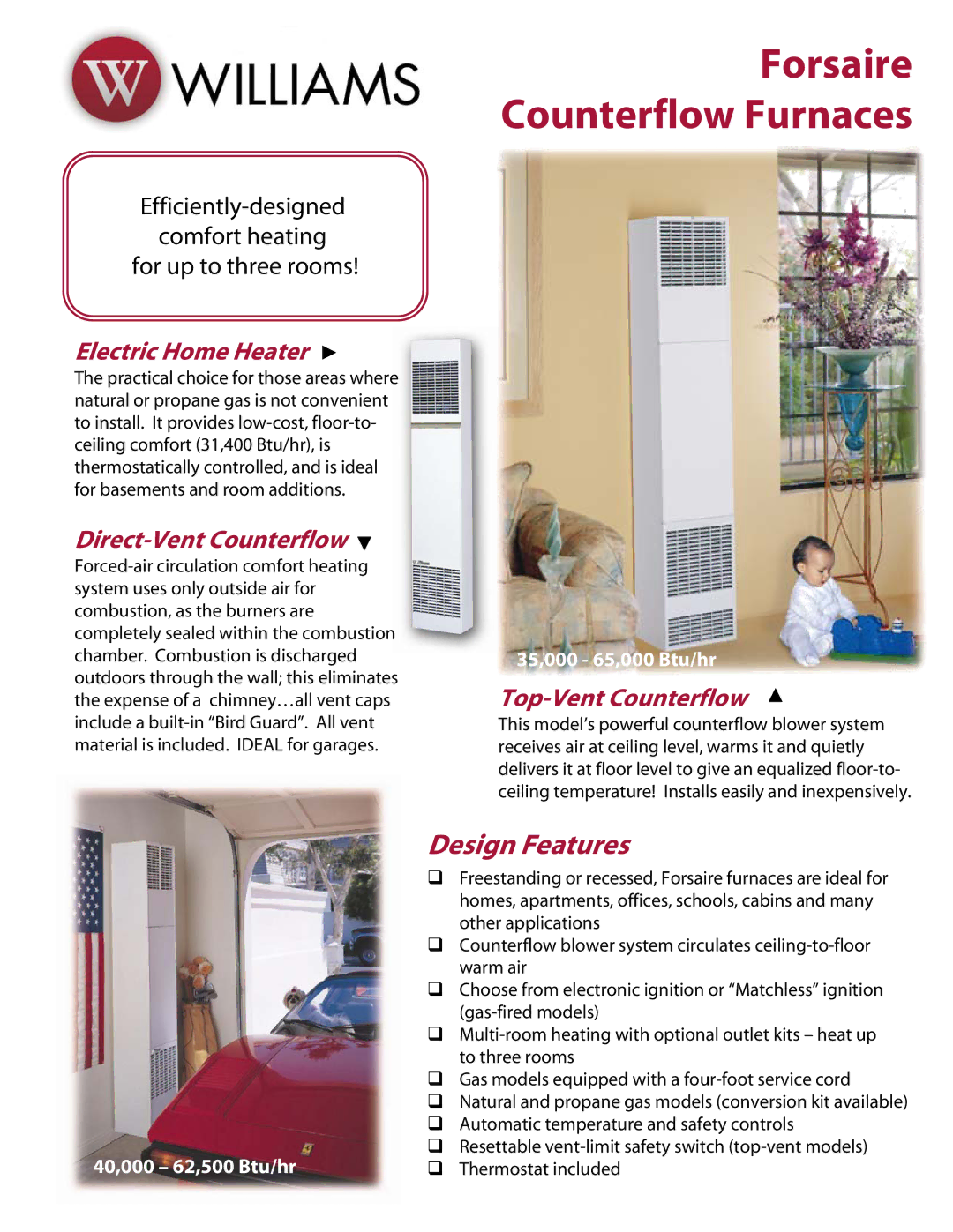 Williams 6257732, 5507331, 6257731, 5008731 manual Electric Home Heater, Direct-Vent Counterflow, Top-Vent Counterflow 