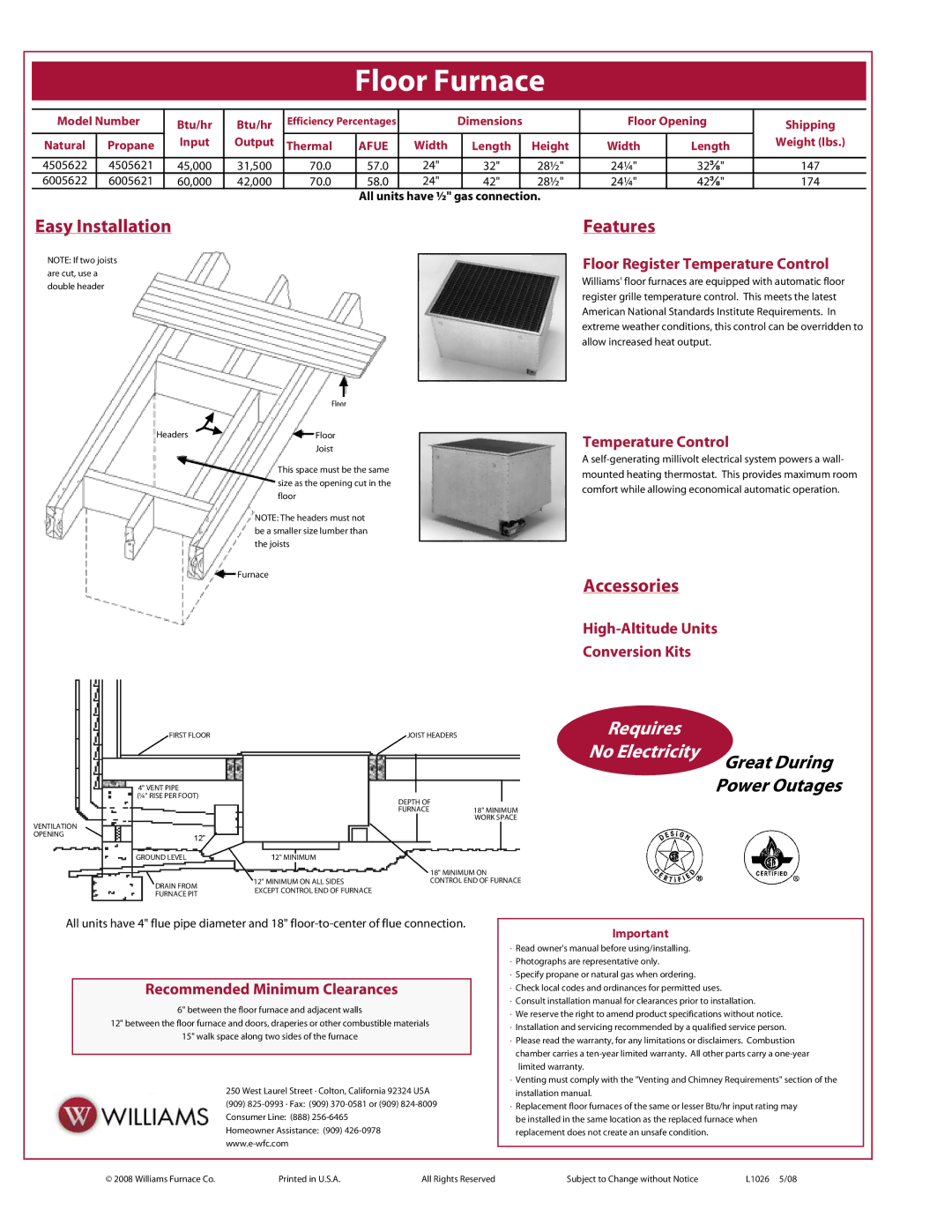 Williams 6005622, 6005621, 4505621, 4505622 manual Easy Installation, Features, Accessories 