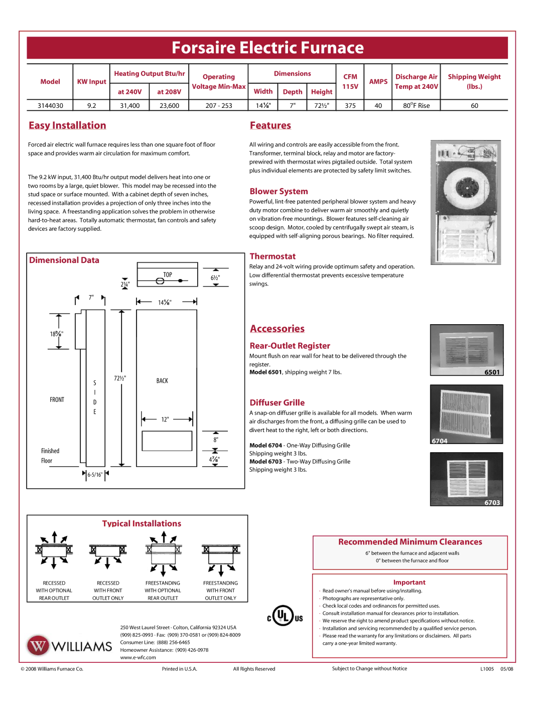 Williams 6501, 6704 manual Easy Installation, Features, Accessories 