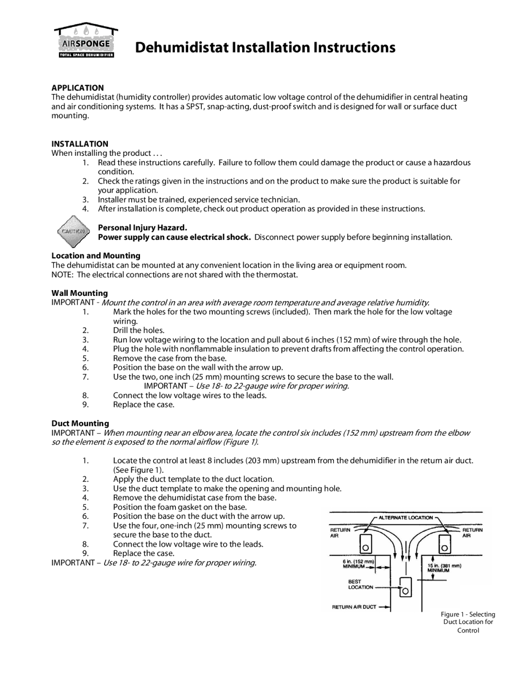 Williams Airsponge installation instructions Application, Installation 