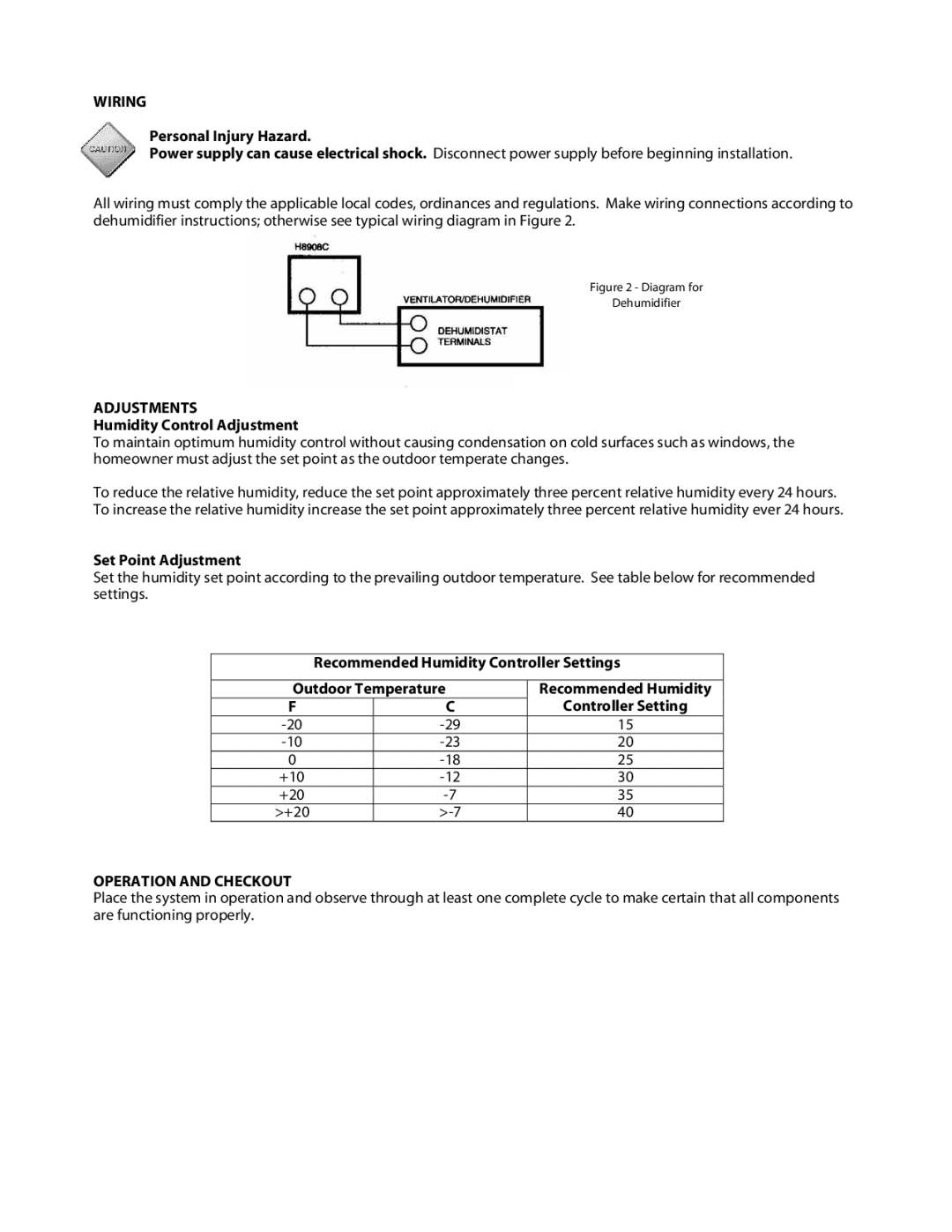 Williams Airsponge Wiring, Adjustments, Humidity Control Adjustment, Set Point Adjustment, Operation and Checkout 