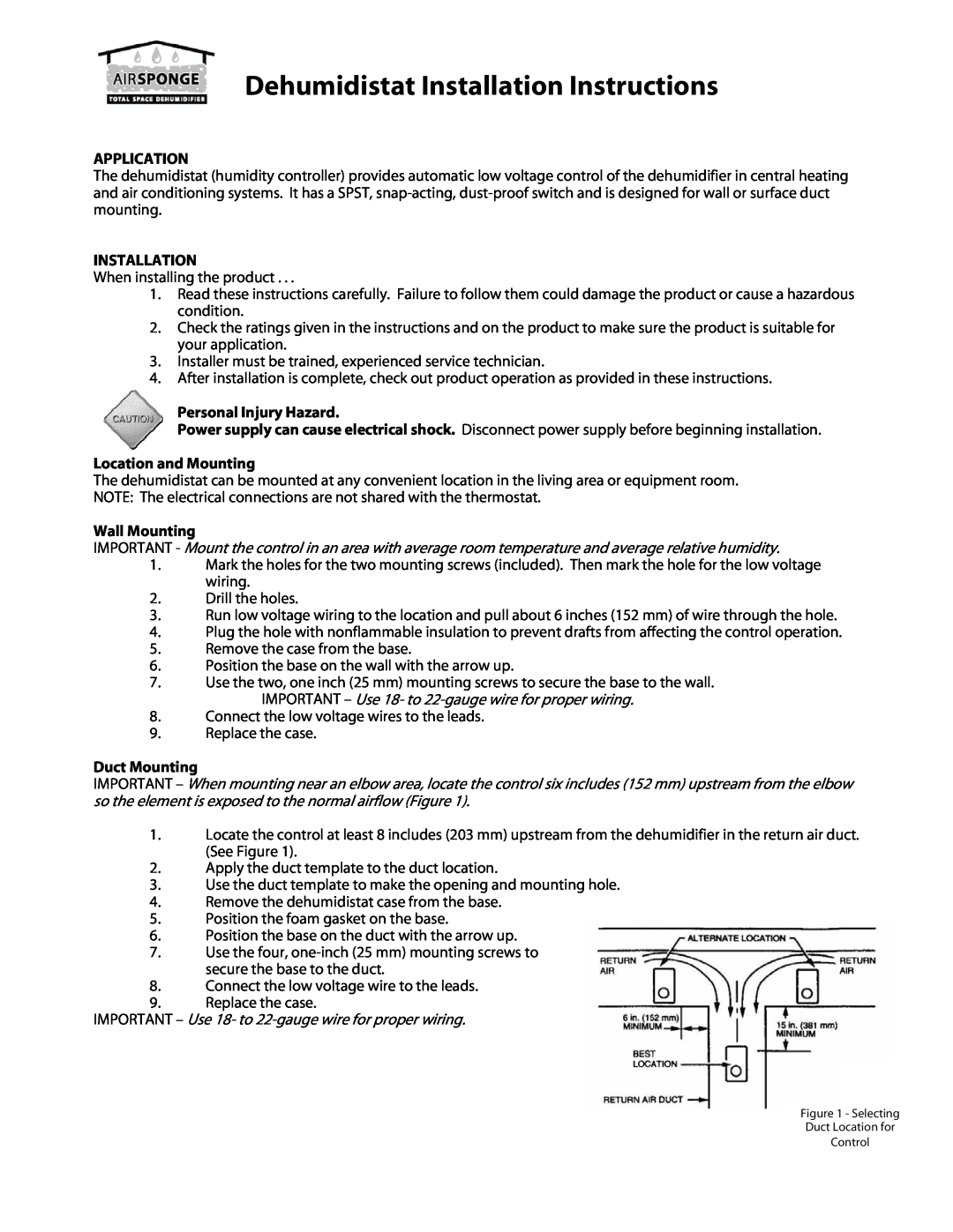 Williams Airsponge installation instructions Dehumidistat Installation Instructions, Application, Personal Injury Hazard 