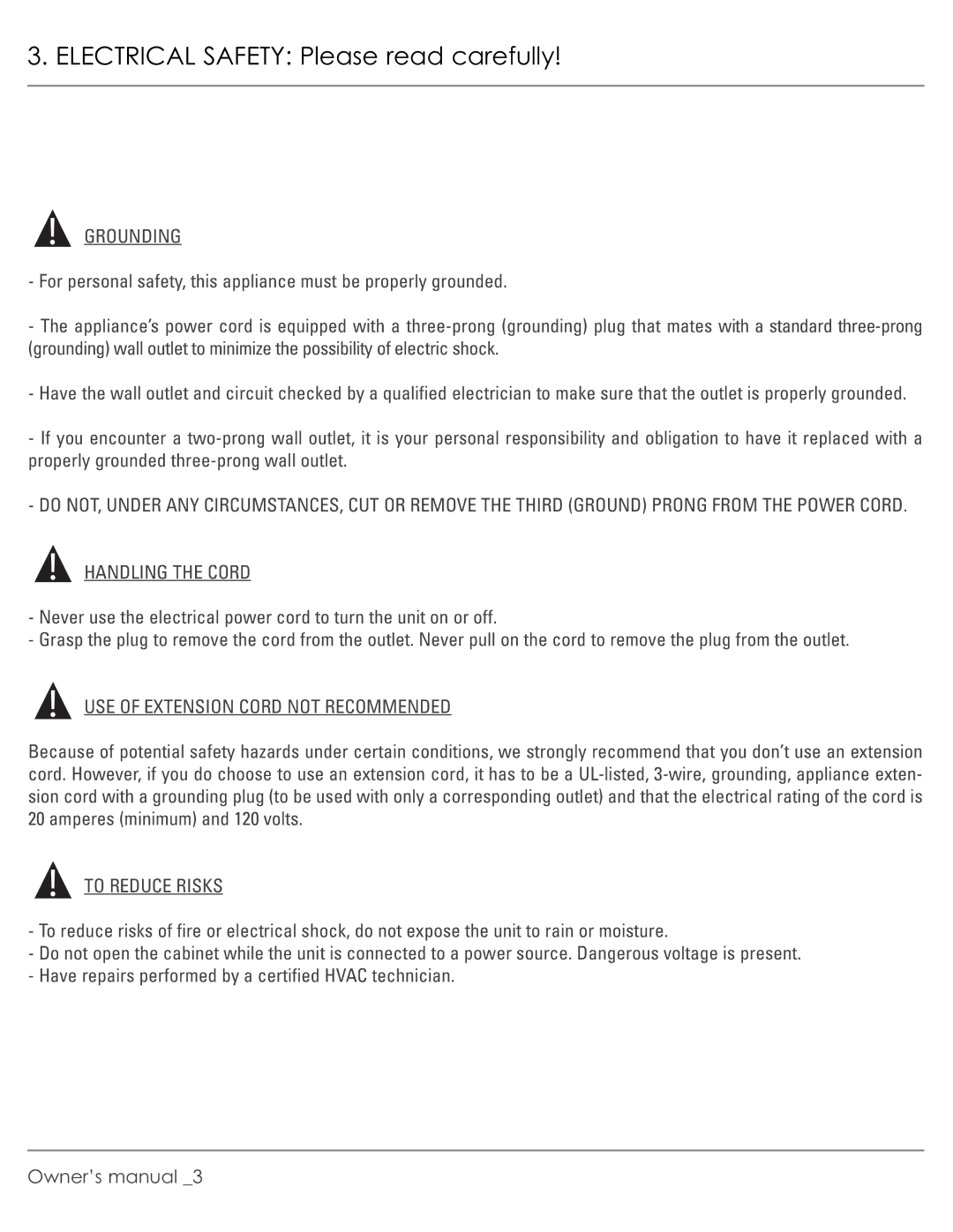 Williams M00045-V01 manual Electrical Safety Please read carefully 