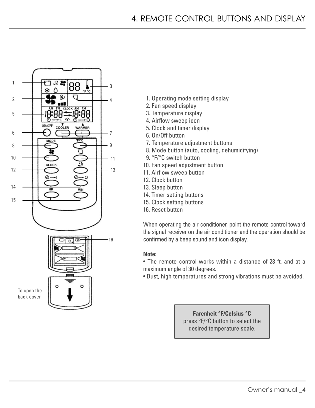 Williams M00045-V01 manual Remote Control Buttons and Display 