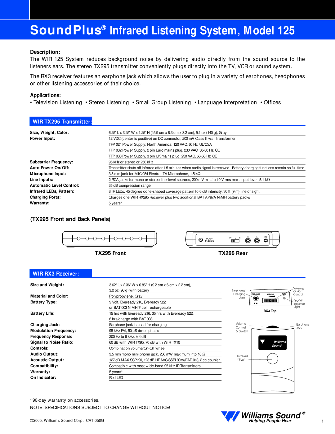 Williams Sound 125 warranty WIR TX295 Transmitter, WIR RX3 Receiver 