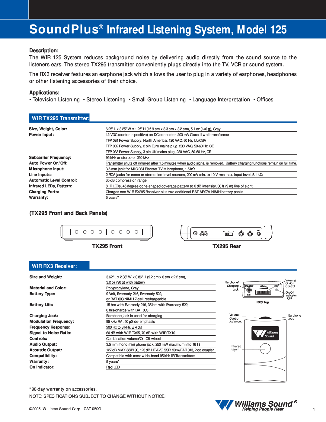 Williams Sound 125 warranty SoundPlus Infrared Listening System, Model, Williams Sound, Description, Applications 