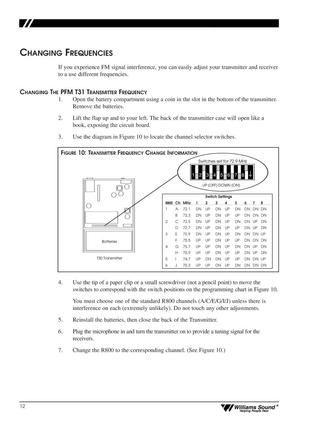 Williams Sound CFM 400, CFM 300 user manual Changing Frequencies, Switches set for 72.9 MHz 