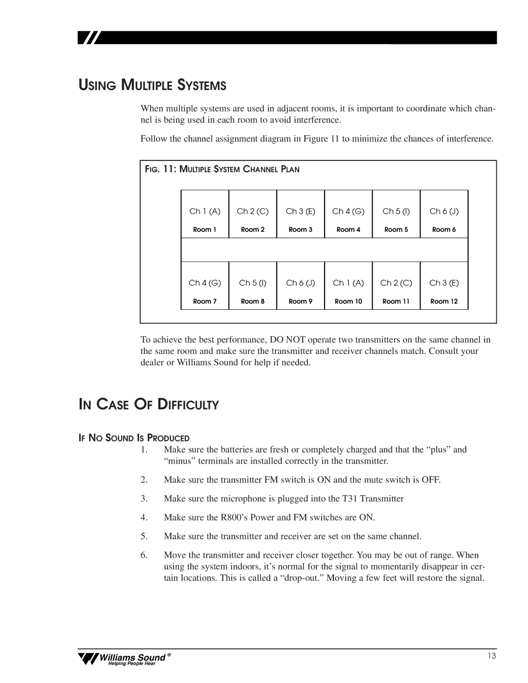 Williams Sound CFM 300, CFM 400 user manual Using Multiple Systems, Case of Difficulty 