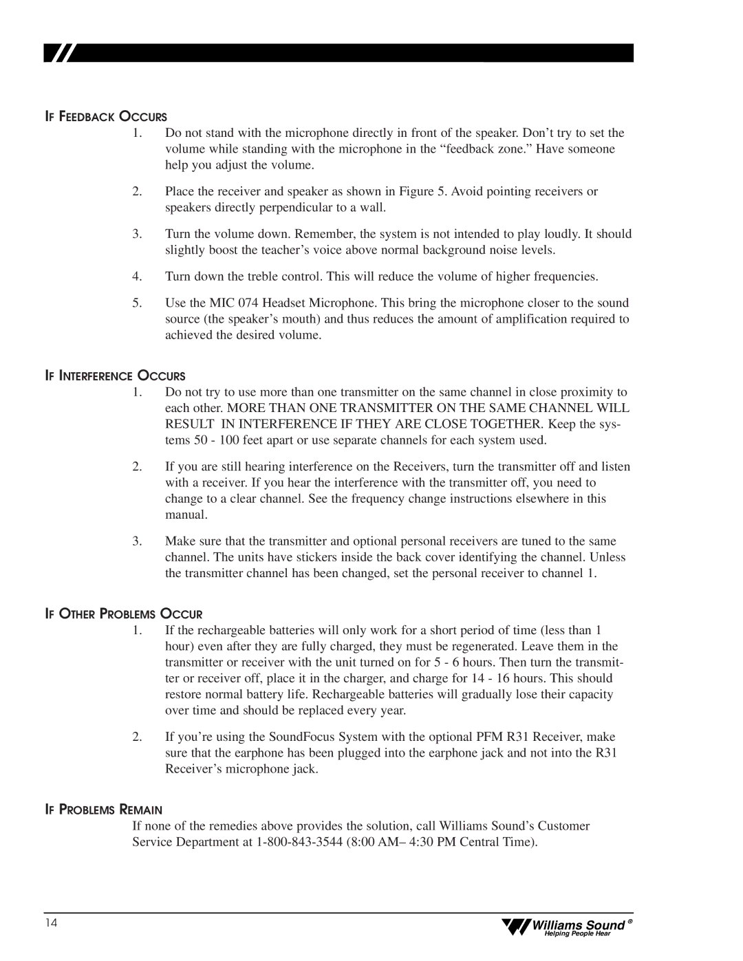 Williams Sound CFM 400, CFM 300 user manual If Feedback Occurs 