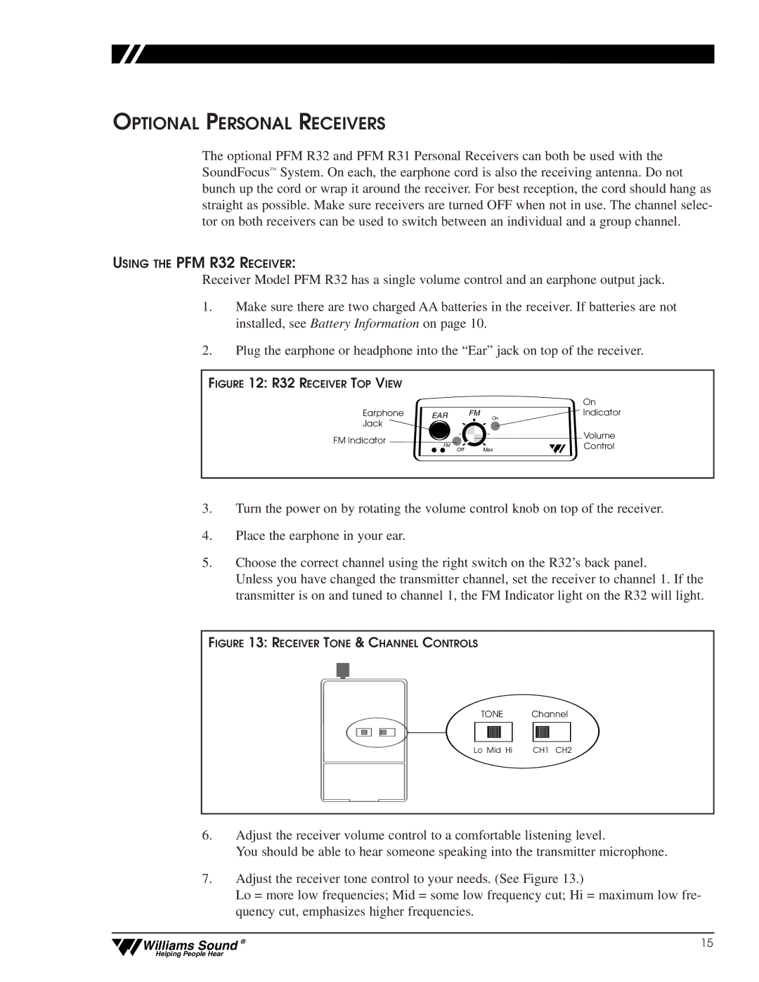 Williams Sound CFM 300, CFM 400 user manual Optional Personal Receivers, R32 Receiver TOP View 