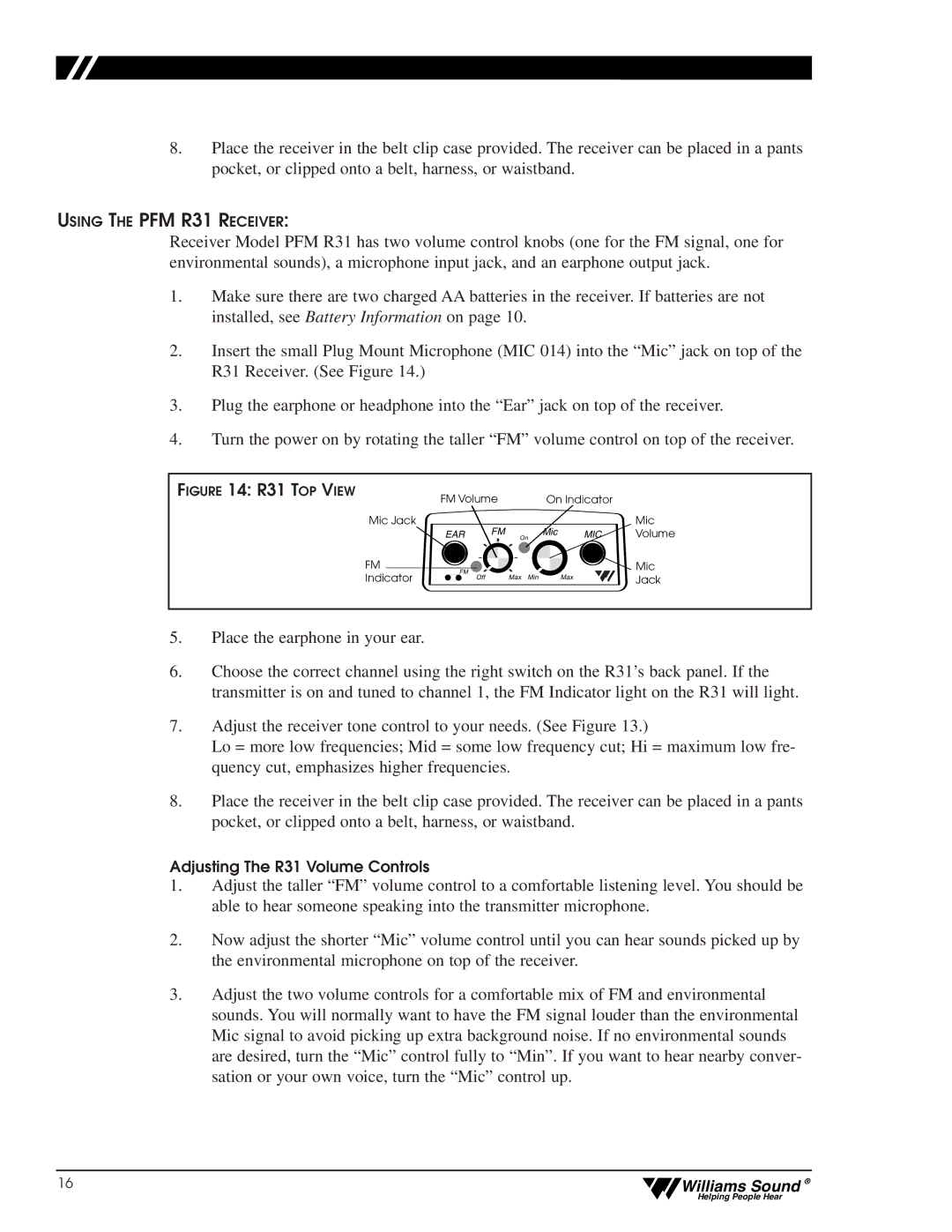 Williams Sound CFM 400, CFM 300 user manual Adjusting The R31 Volume Controls 