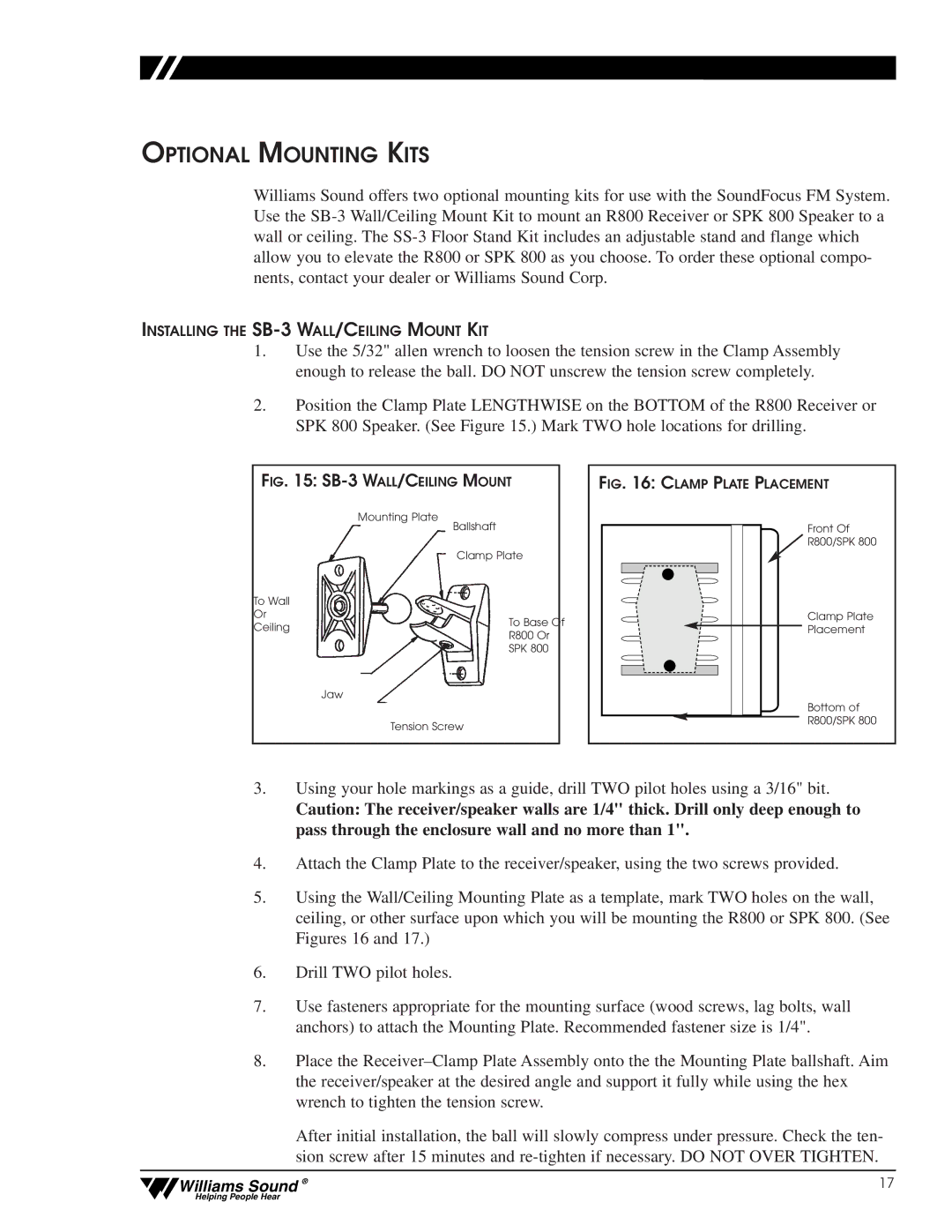 Williams Sound CFM 300, CFM 400 user manual Optional Mounting Kits, SB-3 WALL/CEILING Mount 