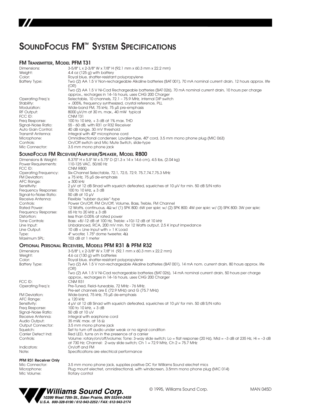 Williams Sound CFM 400, CFM 300 user manual Soundfocus FM System Specifications, FM TRANSMITTER, Model PFM T31 