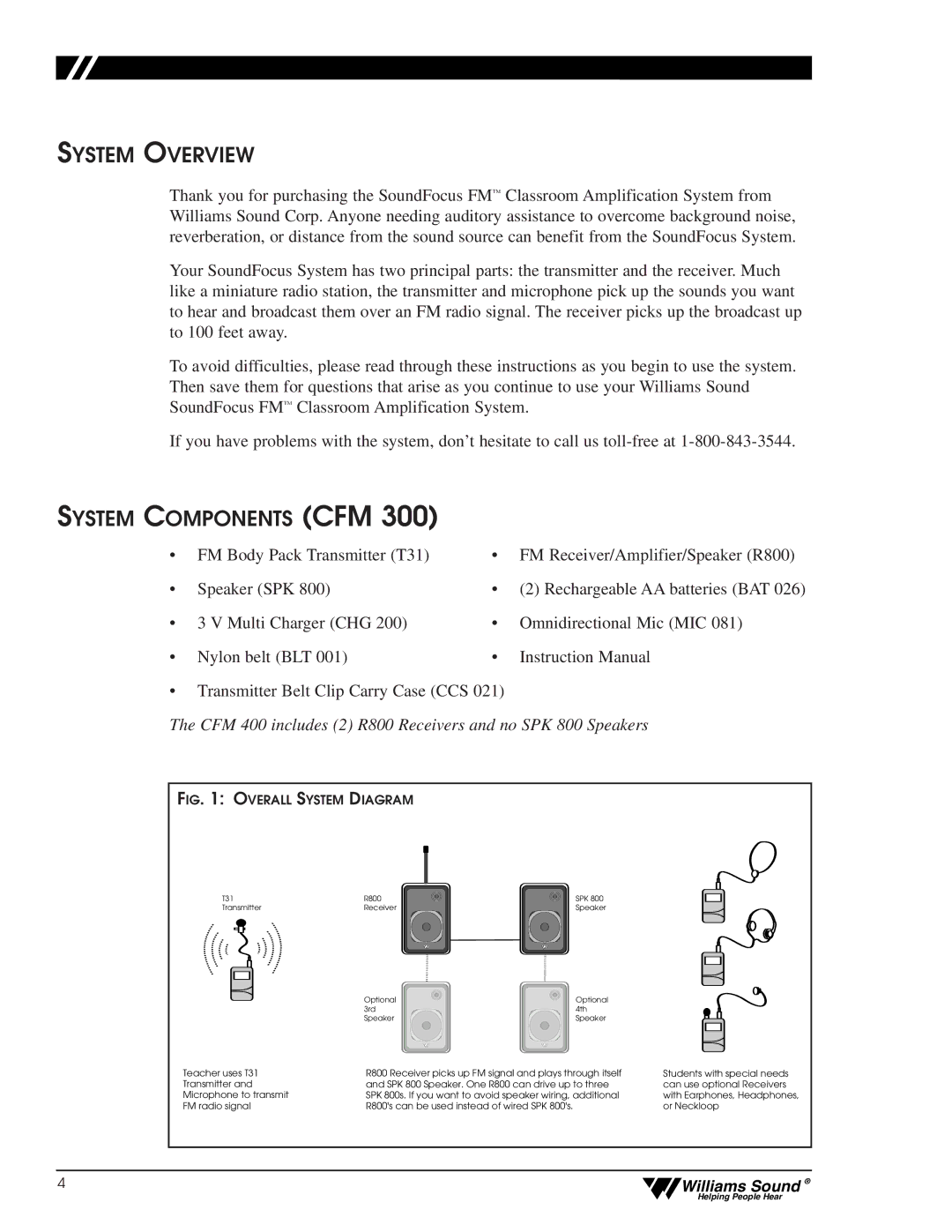 Williams Sound CFM 400, CFM 300 user manual System Overview, System Components CFM 