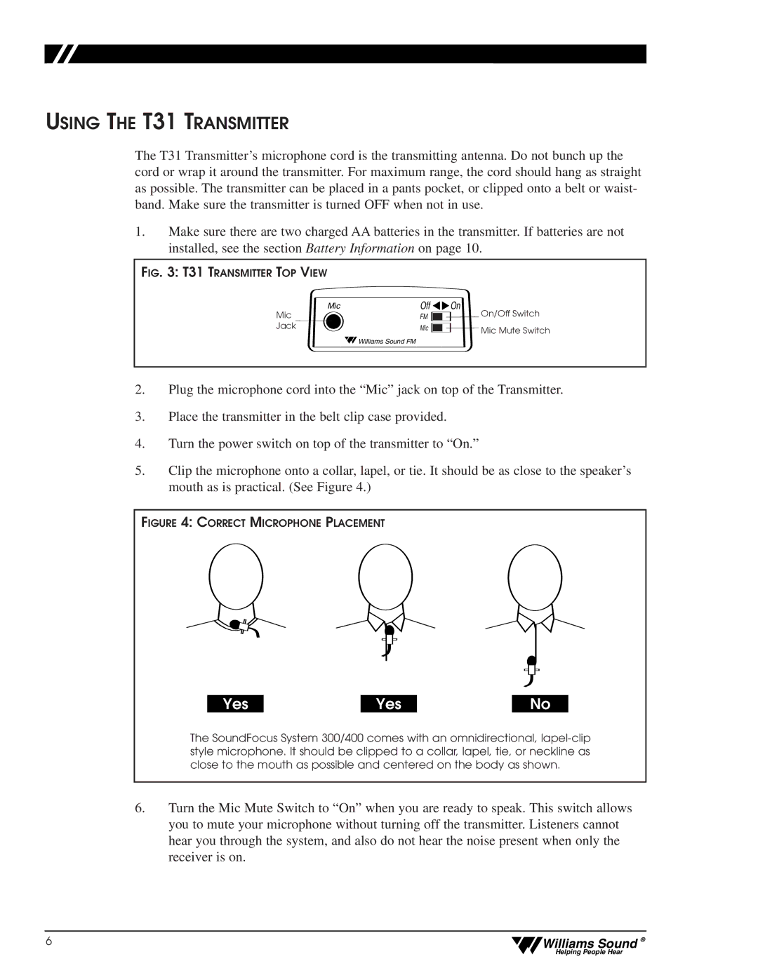 Williams Sound CFM 400, CFM 300 user manual Using the T31 Transmitter, Yes 