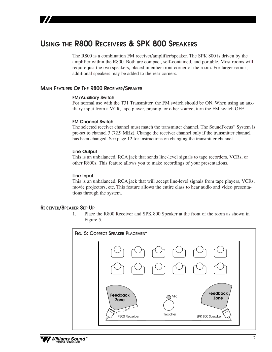 Williams Sound CFM 300, CFM 400 user manual Using the R800 Receivers & SPK 800 Speakers 