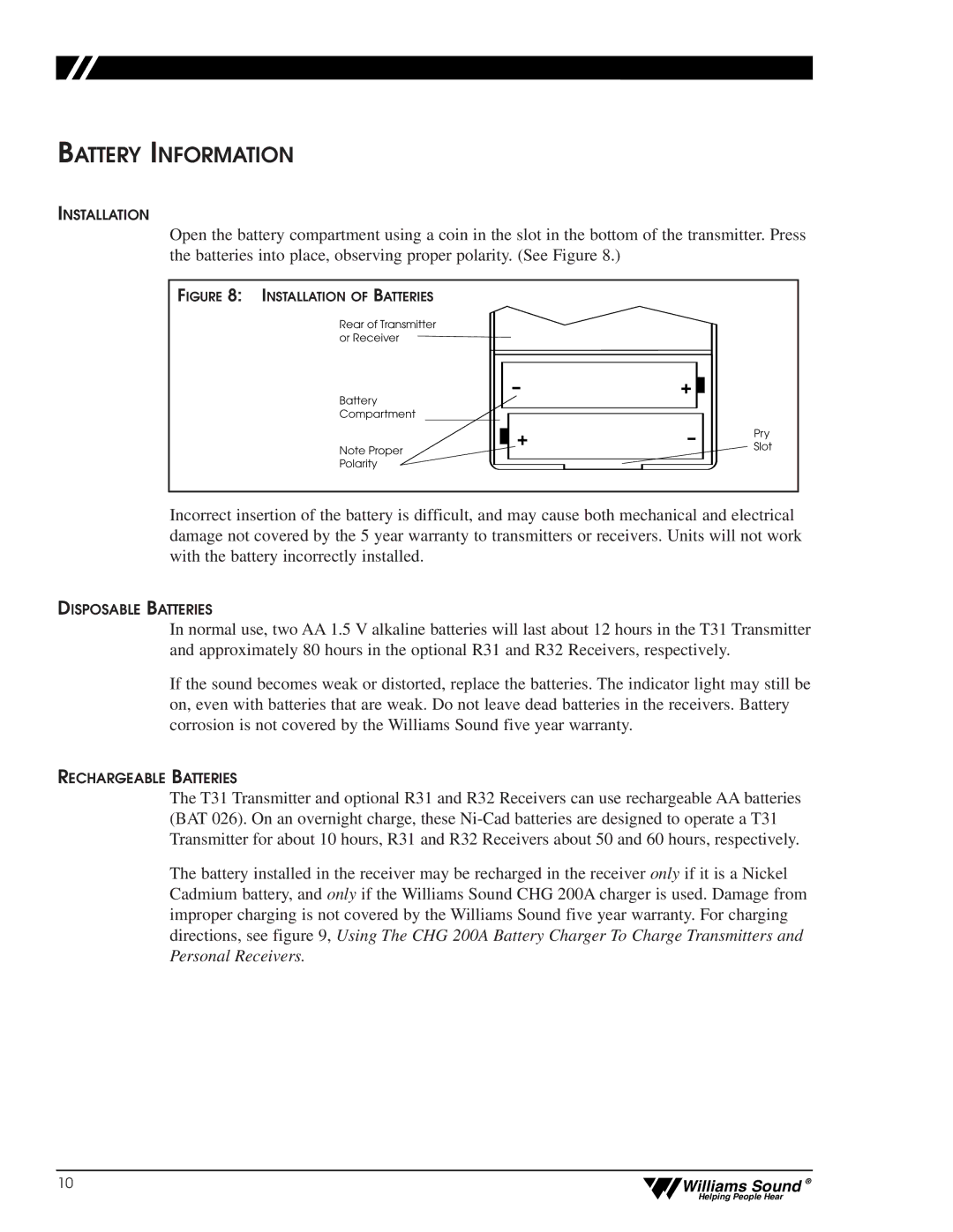 Williams Sound CFM 400, CFM 300 user manual Battery Information, Installation of Batteries 