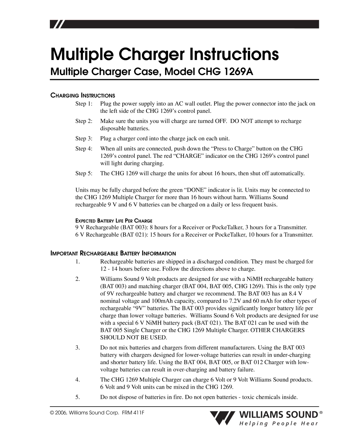 Williams Sound manual Multiple Charger Instructions, Multiple Charger Case, Model CHG 1269A 