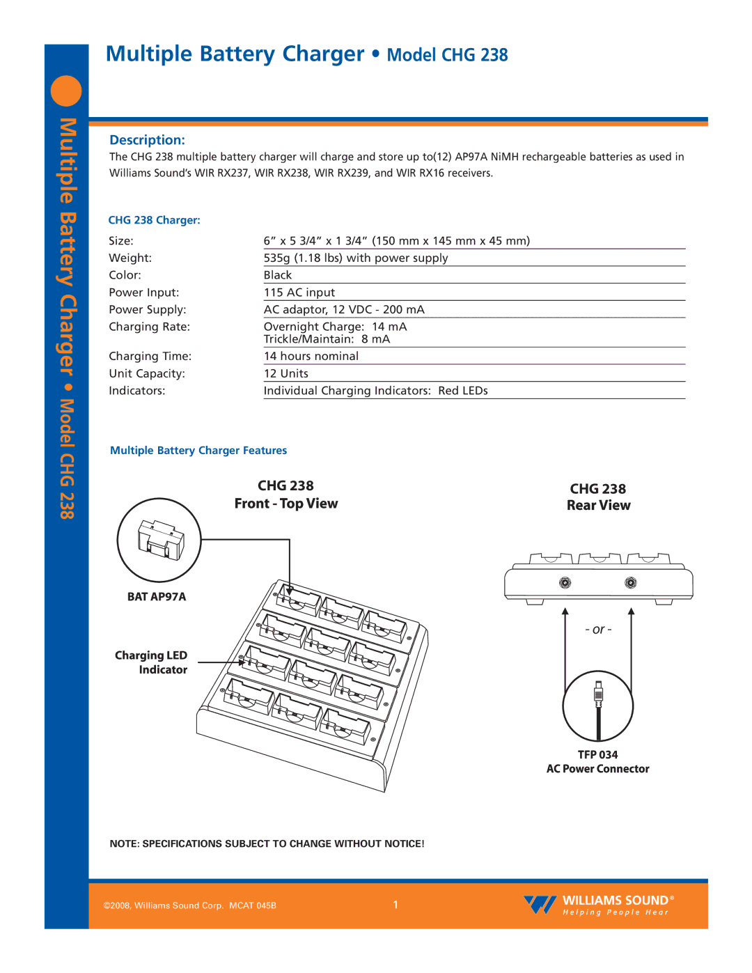 Williams Sound CHG 238 specifications Multiple Battery Charger Model CHG, Description 
