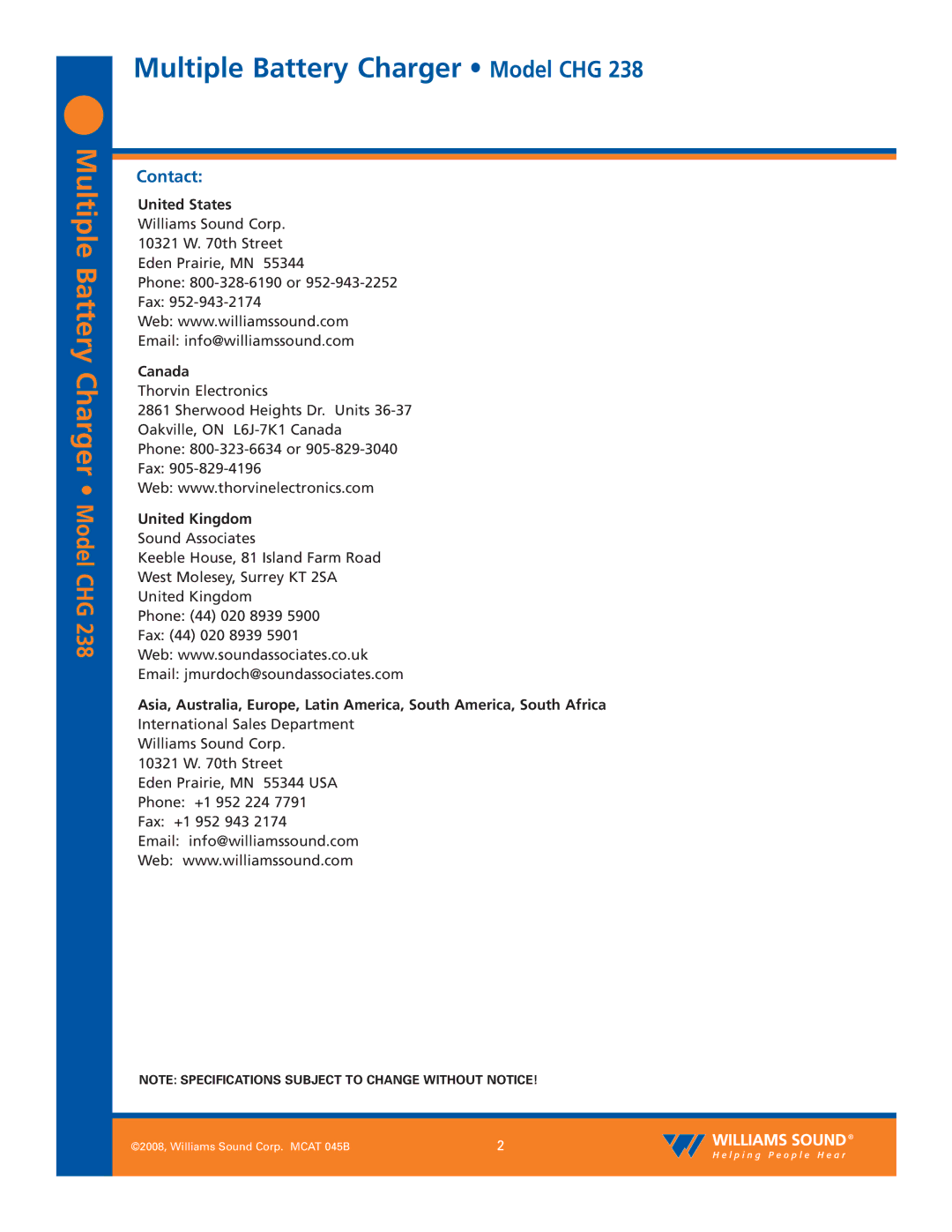 Williams Sound CHG 238 specifications Contact, United States, Canada, United Kingdom 