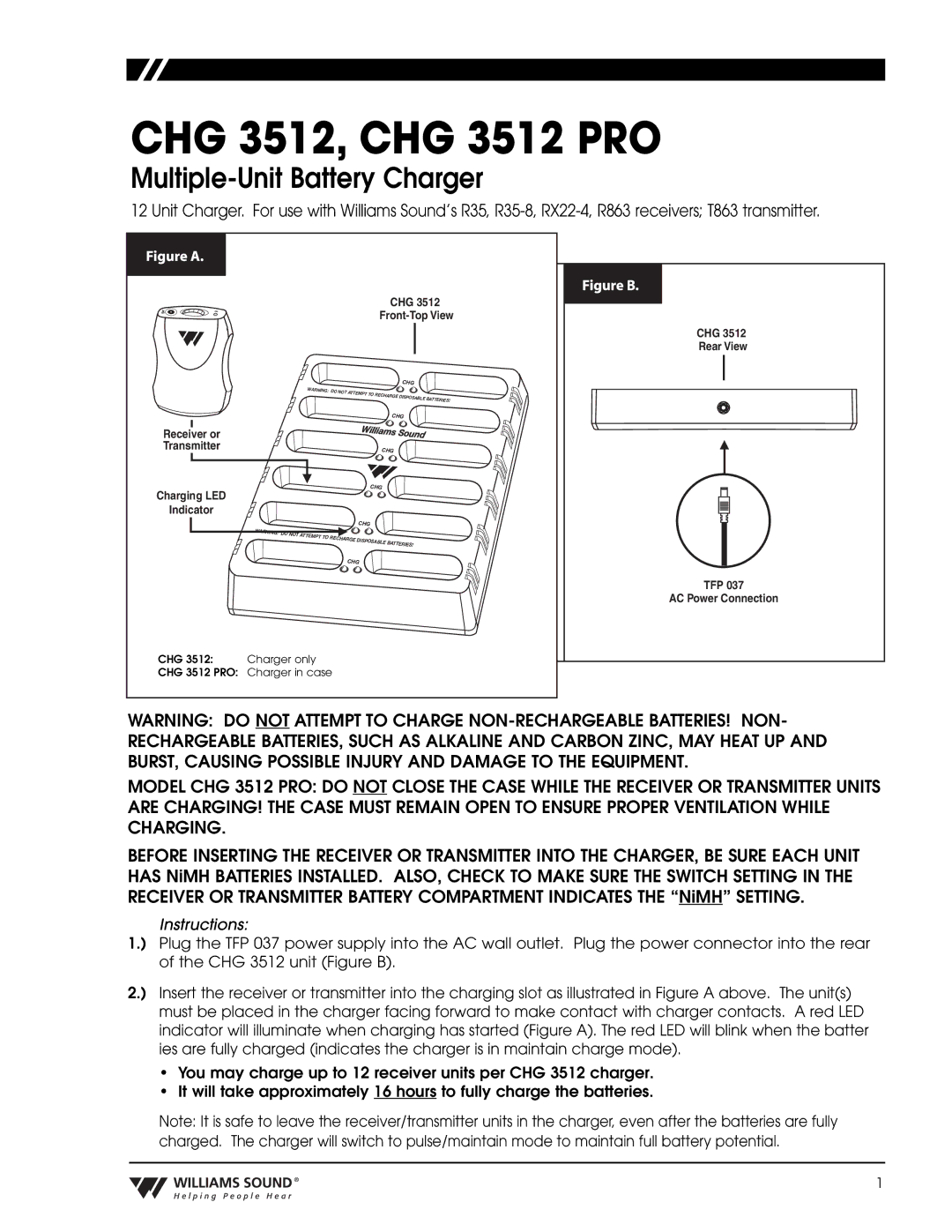 Williams Sound manual CHG 3512, CHG 3512 PRO, Instructions 