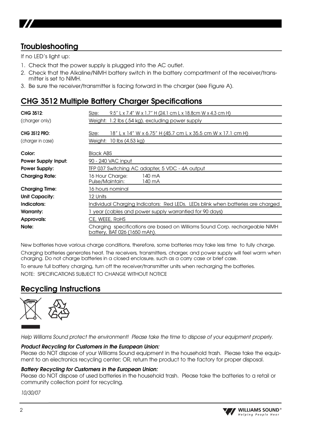 Williams Sound CHG 3512 manual Battery Recycling for Customers in the European Union, 10/30/07 