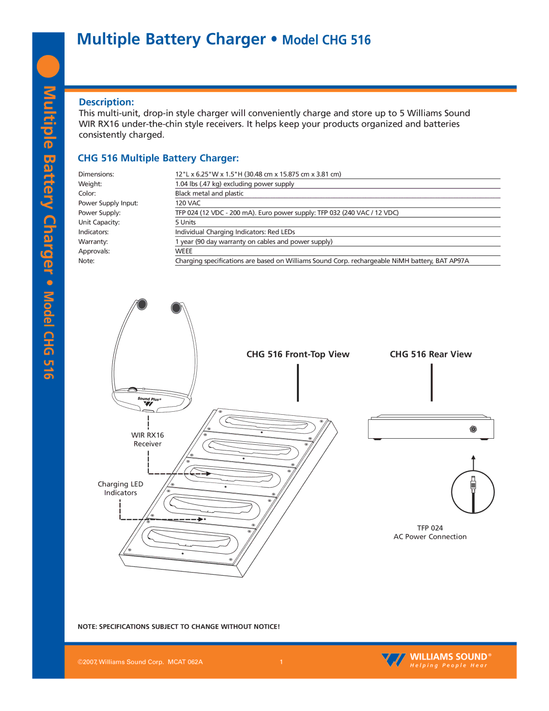 Williams Sound specifications Description, CHG 516 Multiple Battery Charger, CHG 516 Front-Top View 