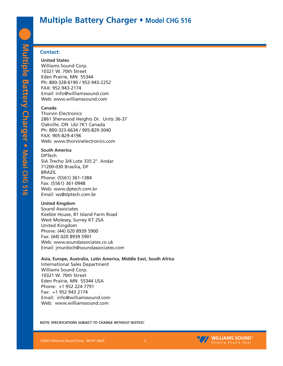 Williams Sound CHG 516 specifications Contact, United States, Canada, South America, United Kingdom 