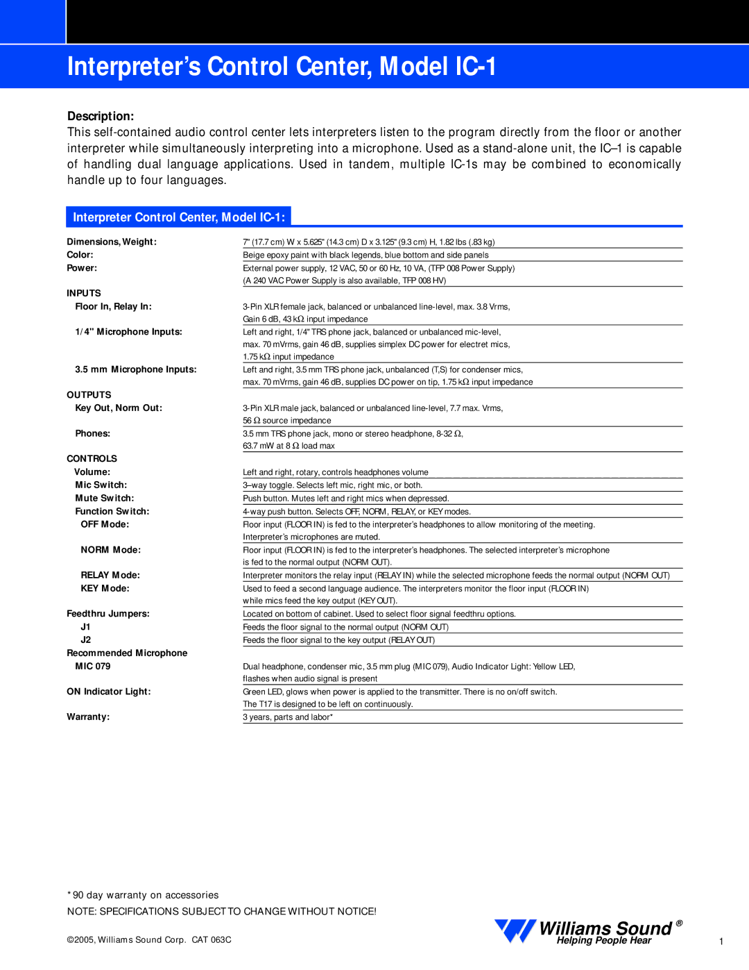 Williams Sound warranty Description, Interpreter Control Center, Model IC-1 