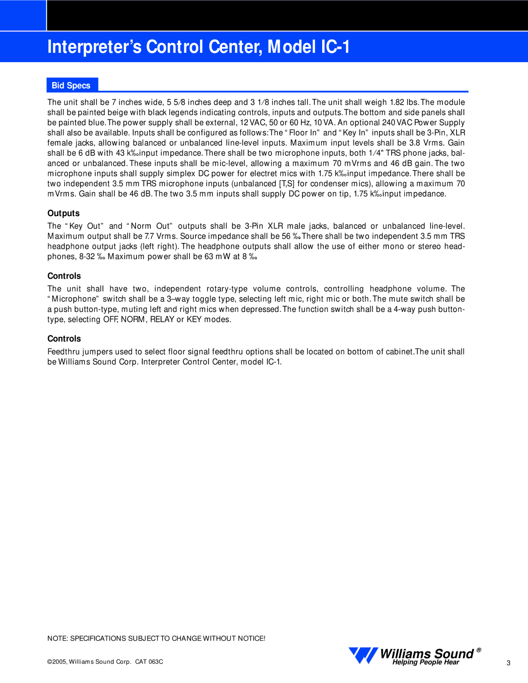 Williams Sound IC-1 warranty Bid Specs, Outputs, Controls 