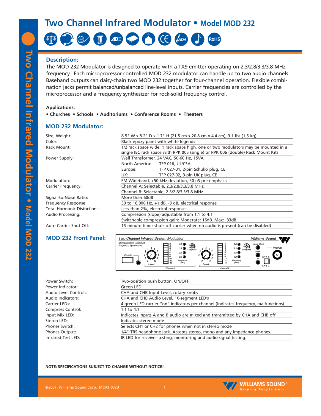 Williams Sound specifications Two Channel, Infrared Modulator Model MOD, Description, MOD 232 Modulator 