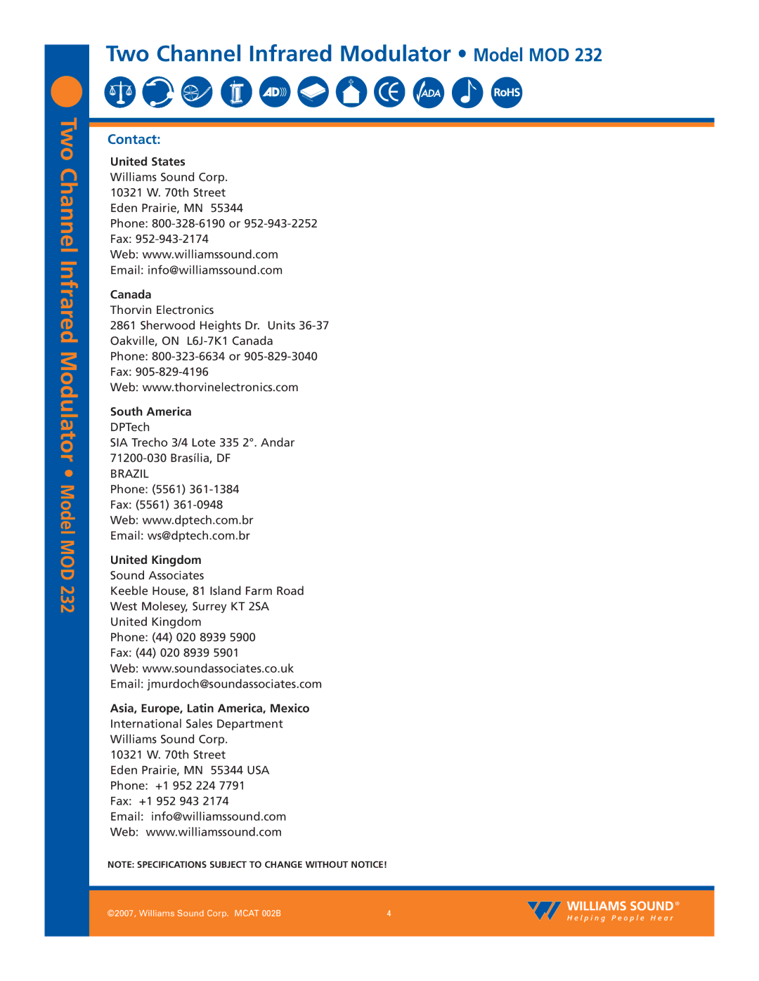 Williams Sound MOD 232 specifications Contact, United States 