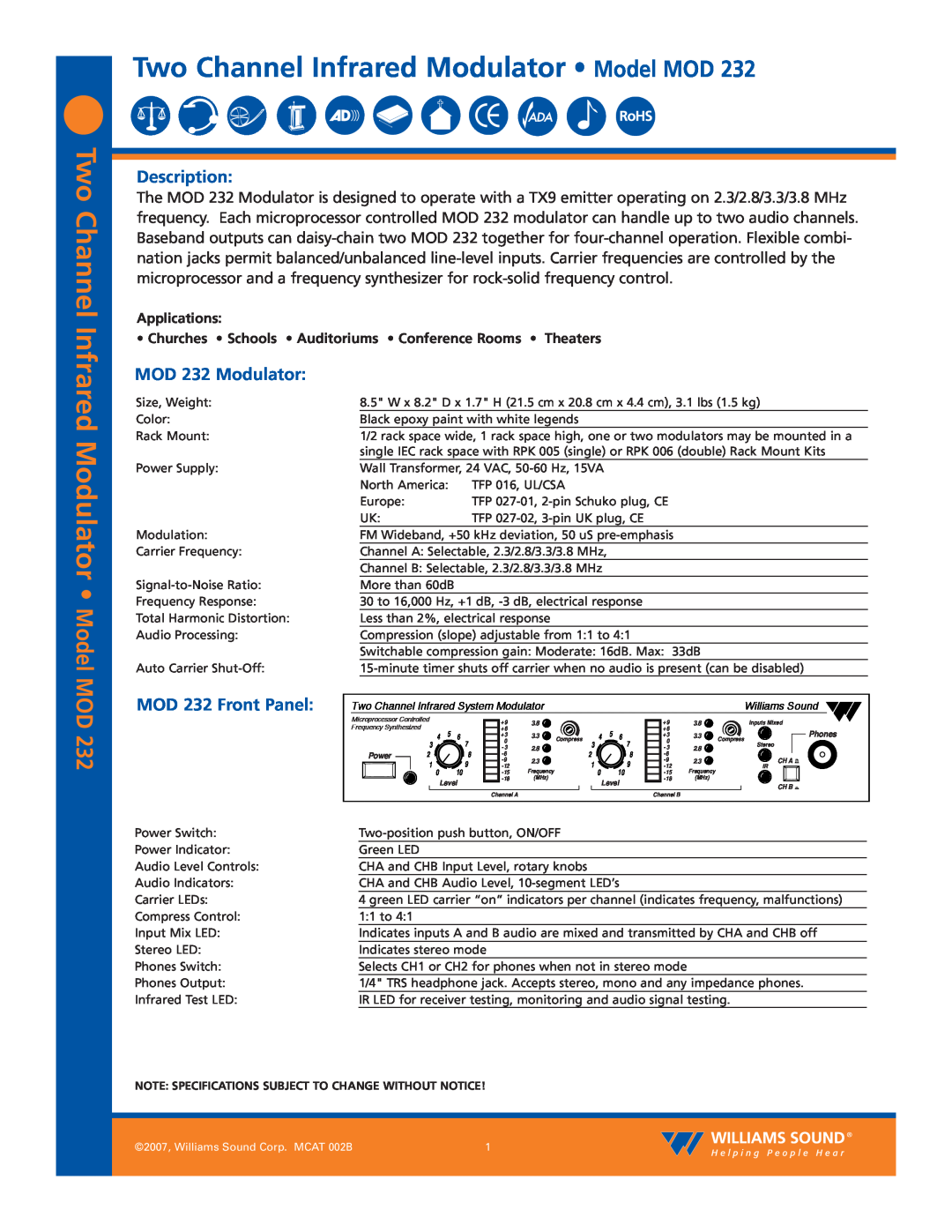 Williams Sound specifications Two Channel Infrared Modulator Model MOD, Description, MOD 232 Modulator 