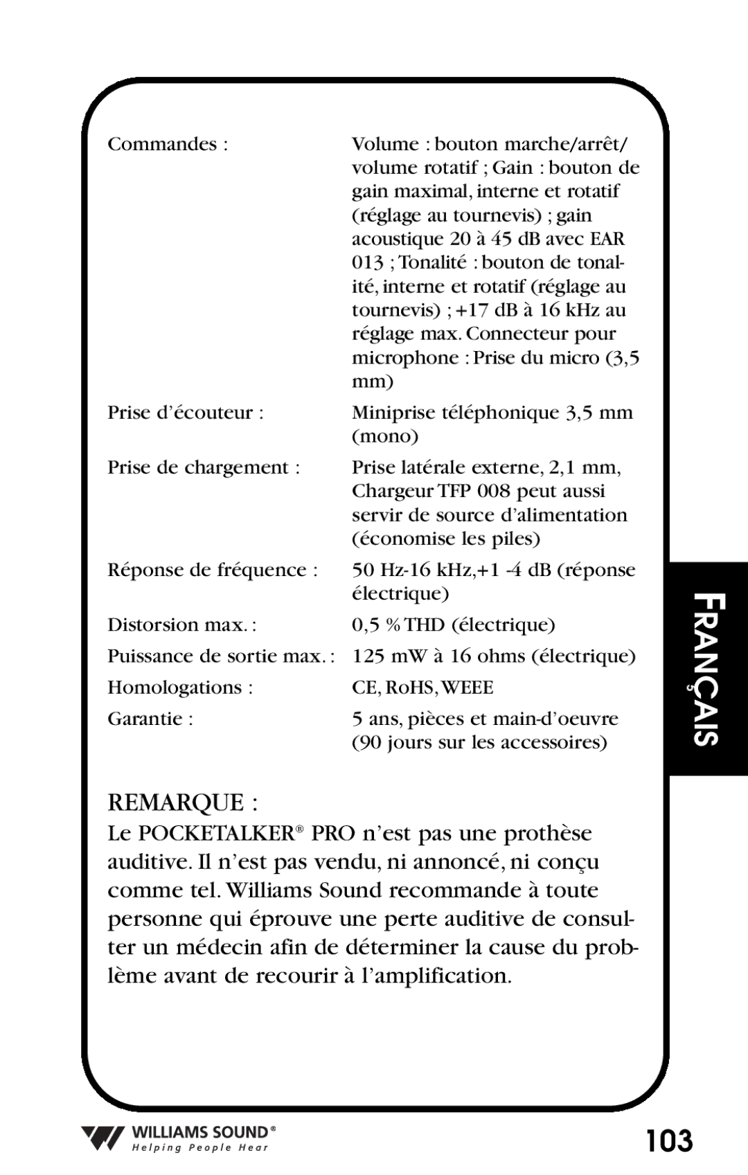 Williams Sound Personal Amplifier manual 103 