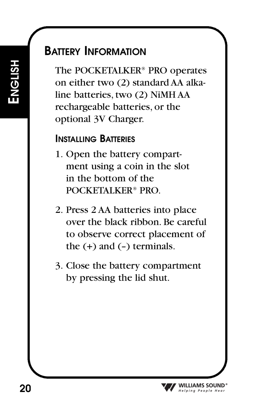 Williams Sound Personal Amplifier manual Battery Information 