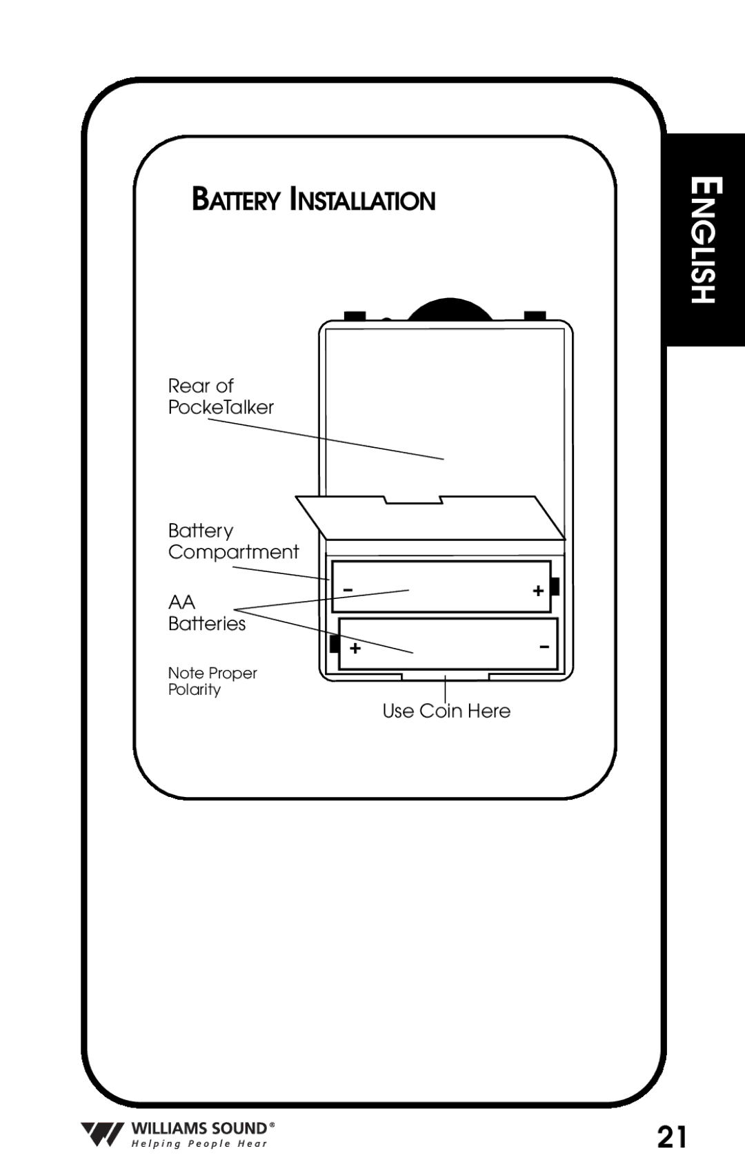 Williams Sound Personal Amplifier manual Battery Installation 