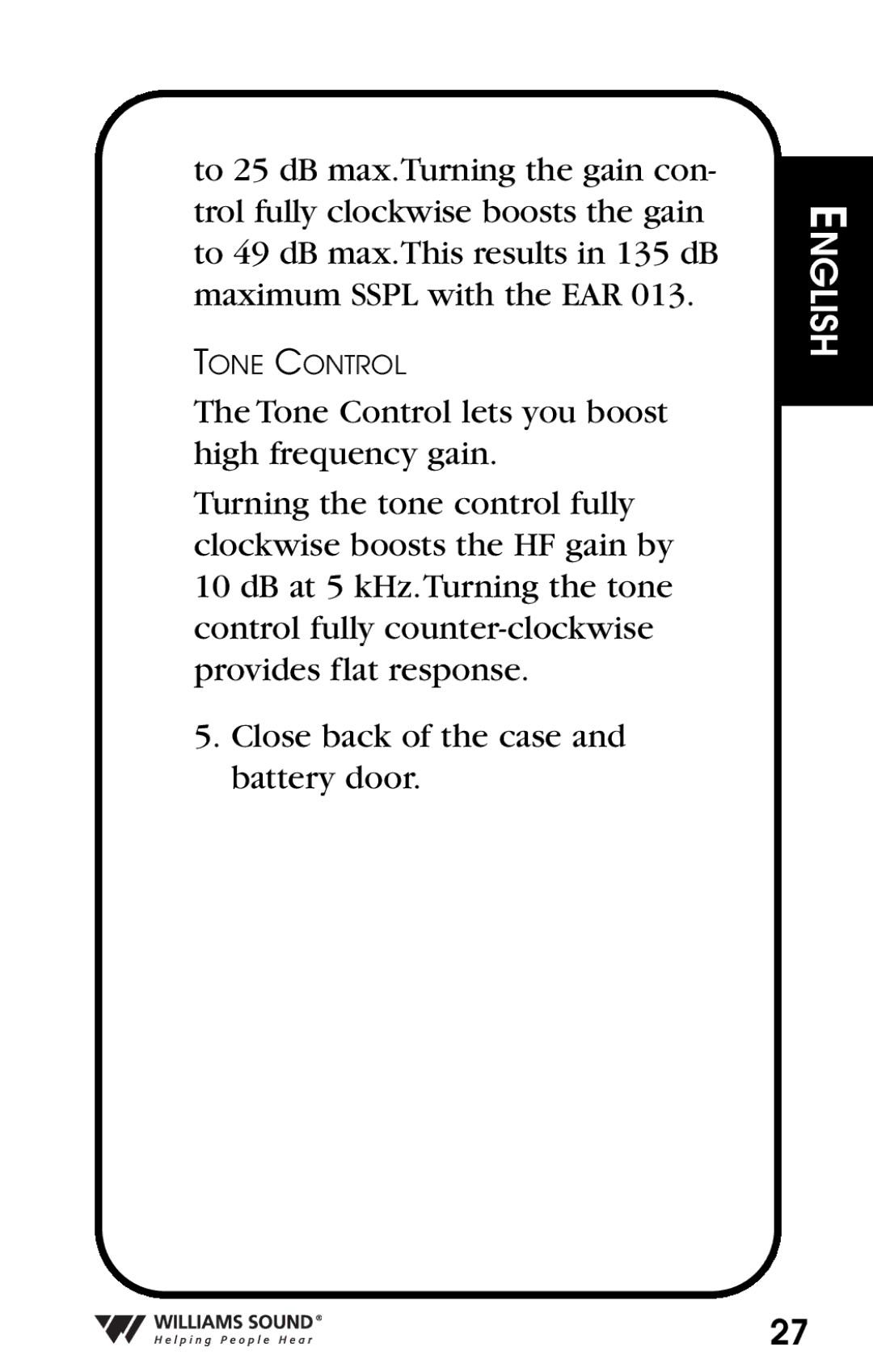 Williams Sound Personal Amplifier manual Tone Control 