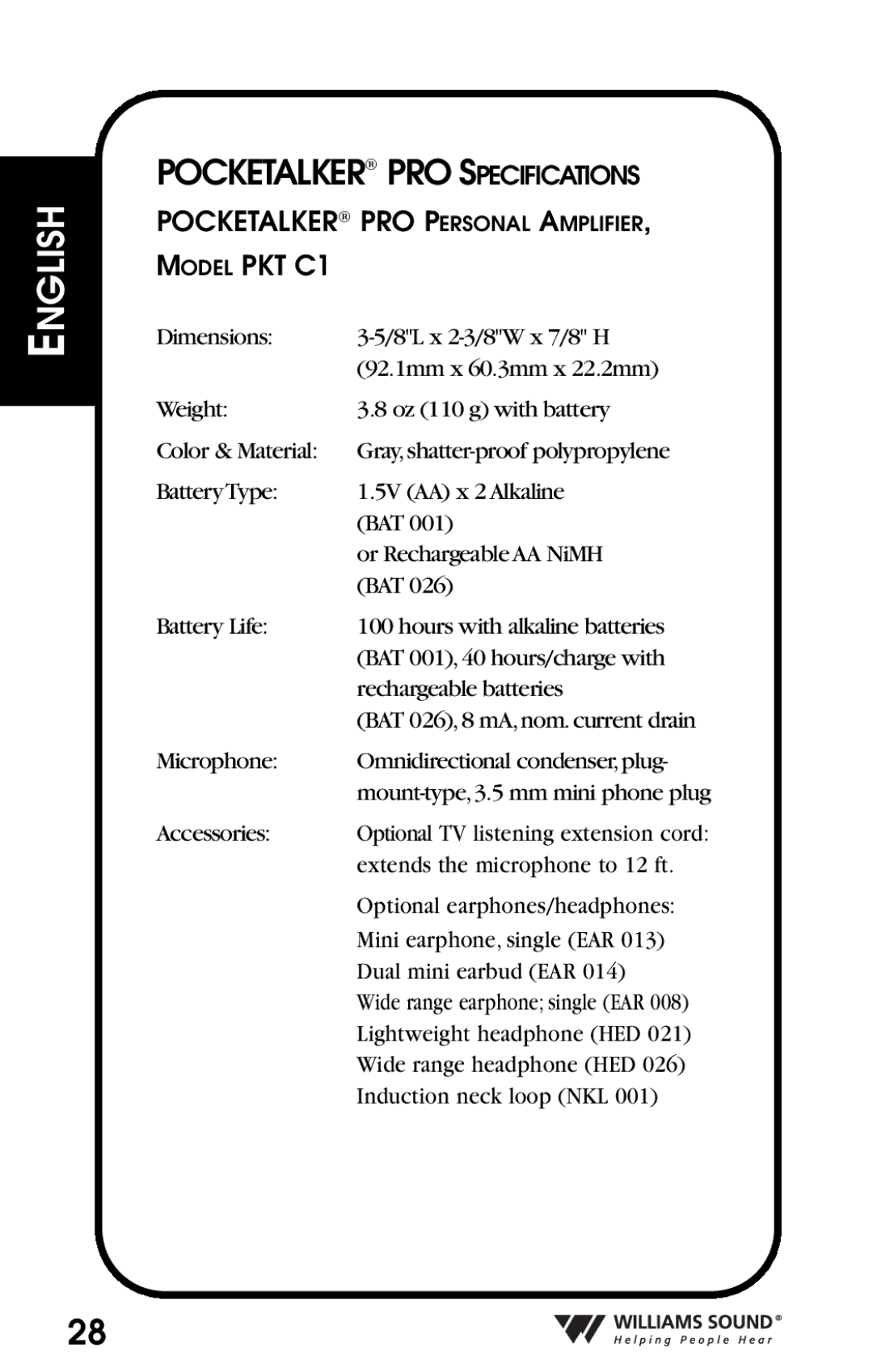 Williams Sound Personal Amplifier manual Pocketalker PRO Specifications 